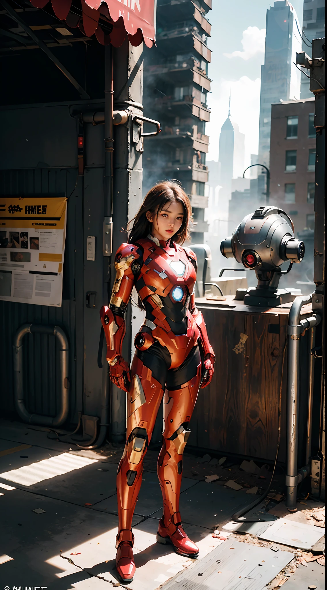 (1girl:1.3), solo,__body-parts__, official art, unity 8k wallpaper, ultra detailed, beautiful and aesthetic, beautiful, masterpiece, best quality, RAW, masterpiece, super fine photo,, best quality, super high Resolution, photorealistic, sunlight, full body portrait, stunningly beautiful,, dynamic pose, delicate face, vibrant eyes, (side view), she is wearing a futuristic Iron Man mech, red and gold, Highly detailed abandoned warehouse background, detailed face, detailed complex busy background, messy, gorgeous, milky, high detailed skin, realistic skin details, visible pores, sharp focus, volumetric fog, 8k uhd, dslr camera, High quality, film grain, fair skin, photorealism, lomography, sprawling metropolis in a futuristic dystopia, view from below, translucent
