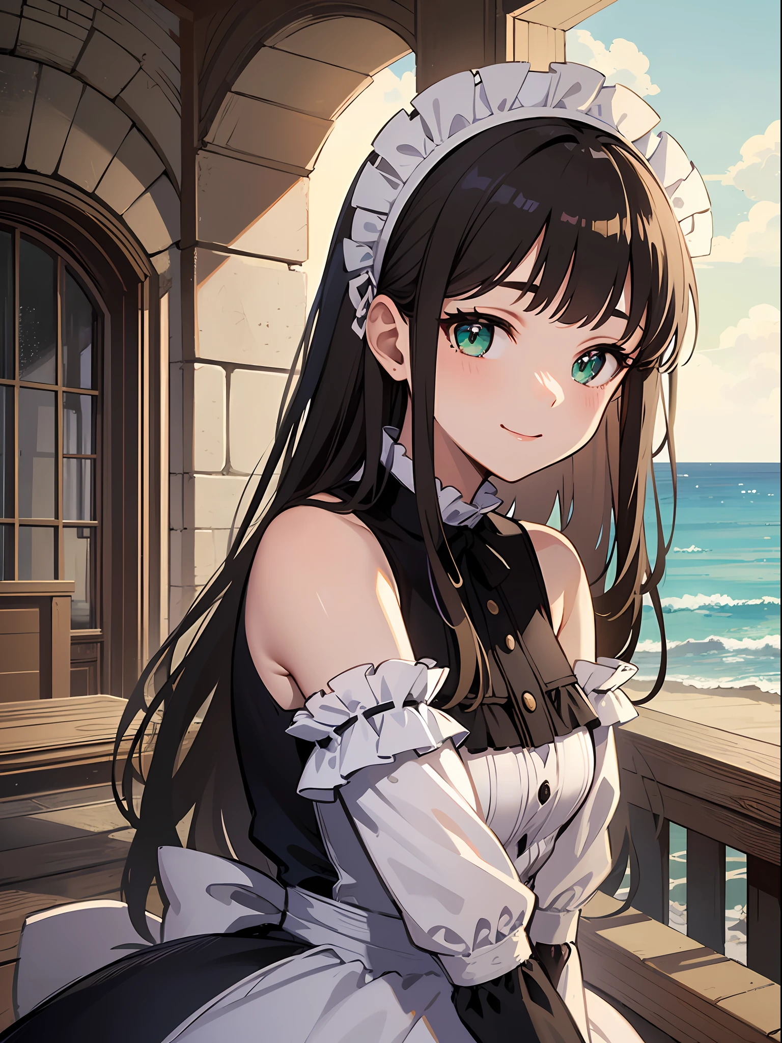 (masterpiece:1.3), (best quality:1.3), high resolution,
upper body,
leaning forward, body facing forward,
(one cute girl:1.3), solo,
white skin, small Breast, eight-headed person,
light brown hair, long hair, straight hair, (blunt bangs:1.2), beautiful hair, green eyes, drooping eyes, beautiful detailed eyes,
cheerful smile,
maid,
outdoors, ocean, castle,
shadowlighting,