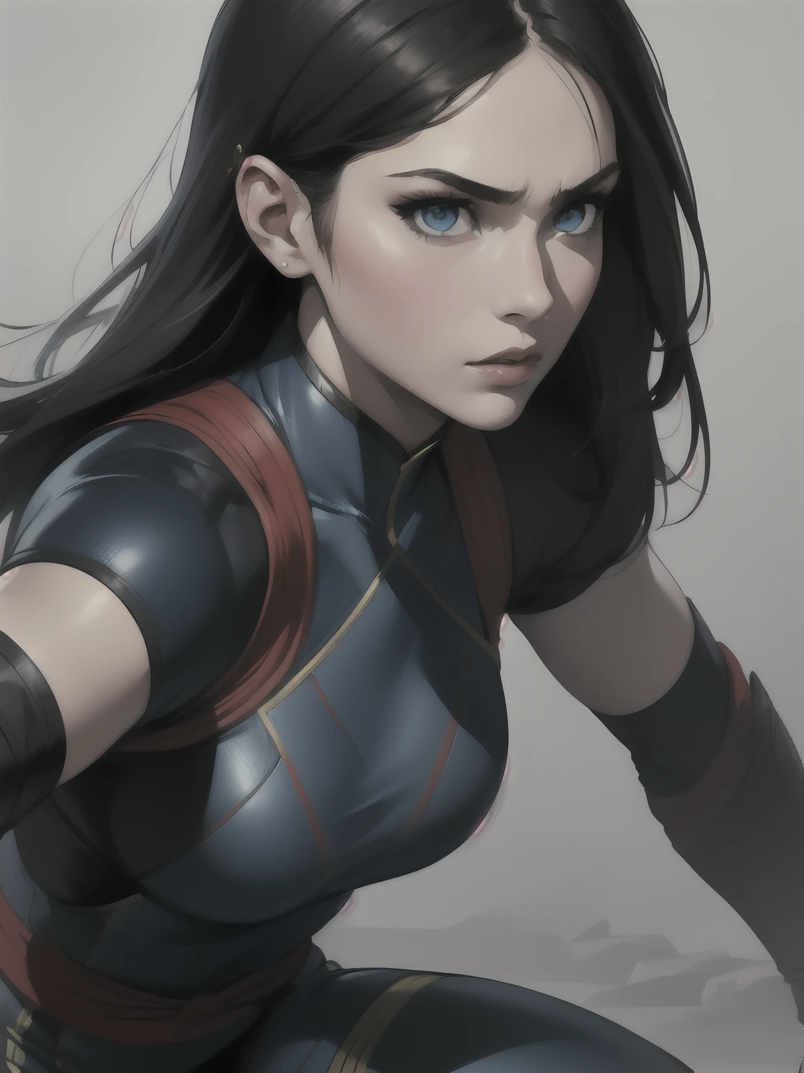 Portrait, Masterpiece, Excellent, 1girl, solo, complex details, color diffusion, close-up, pale female, Asian female, female giant, athletic female, strong thighs, black hair, dark hair, blue eyes, combat attire, alluring attire, epic, martial artist, Sci-Fi, Fantasy