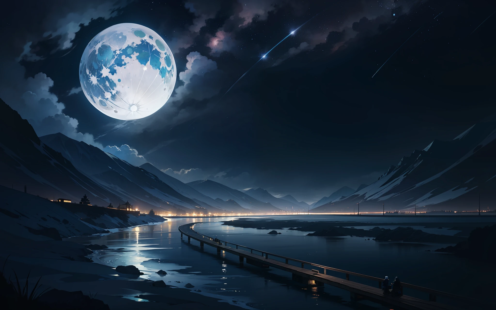 A painting of a river with stars and moon in the sky, concept art inspired by Tosa Mitsuoki, pixiv contest winner, best quality, fantasy art, beautiful anime scene, a bright moon, moonlit starry environment, dream painting, Anime Background Art, Fantasy Landscape Art, Fantasy Night, Anime Background, Background Artwork, Fantastic Art, Atmospheric Anime, Starry Sky, Detail Enhanced.