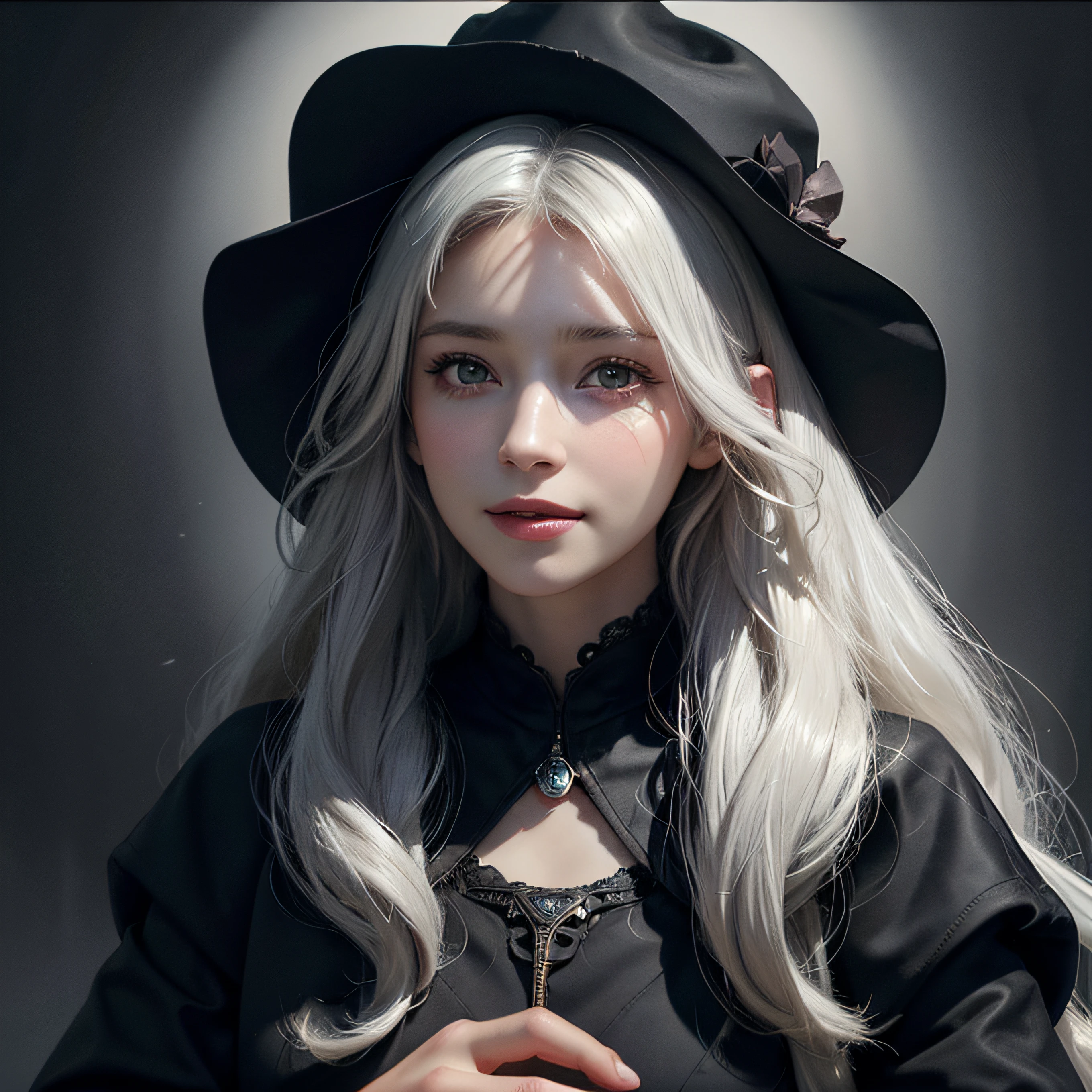 (front focus), (in the dark:1.6), Hyperrealist portrait of female by david hockney and alphonse mucha, fantasy art, photo realistic, dynamic lighting, artstation, poster, volumetric lighting, very detailed faces, 4 k, award winning, 1girl, in the dark, deep shadow, low key, cowboy shot, (official clothing:1.4), long hair, white hair, happy smile, skin texture,