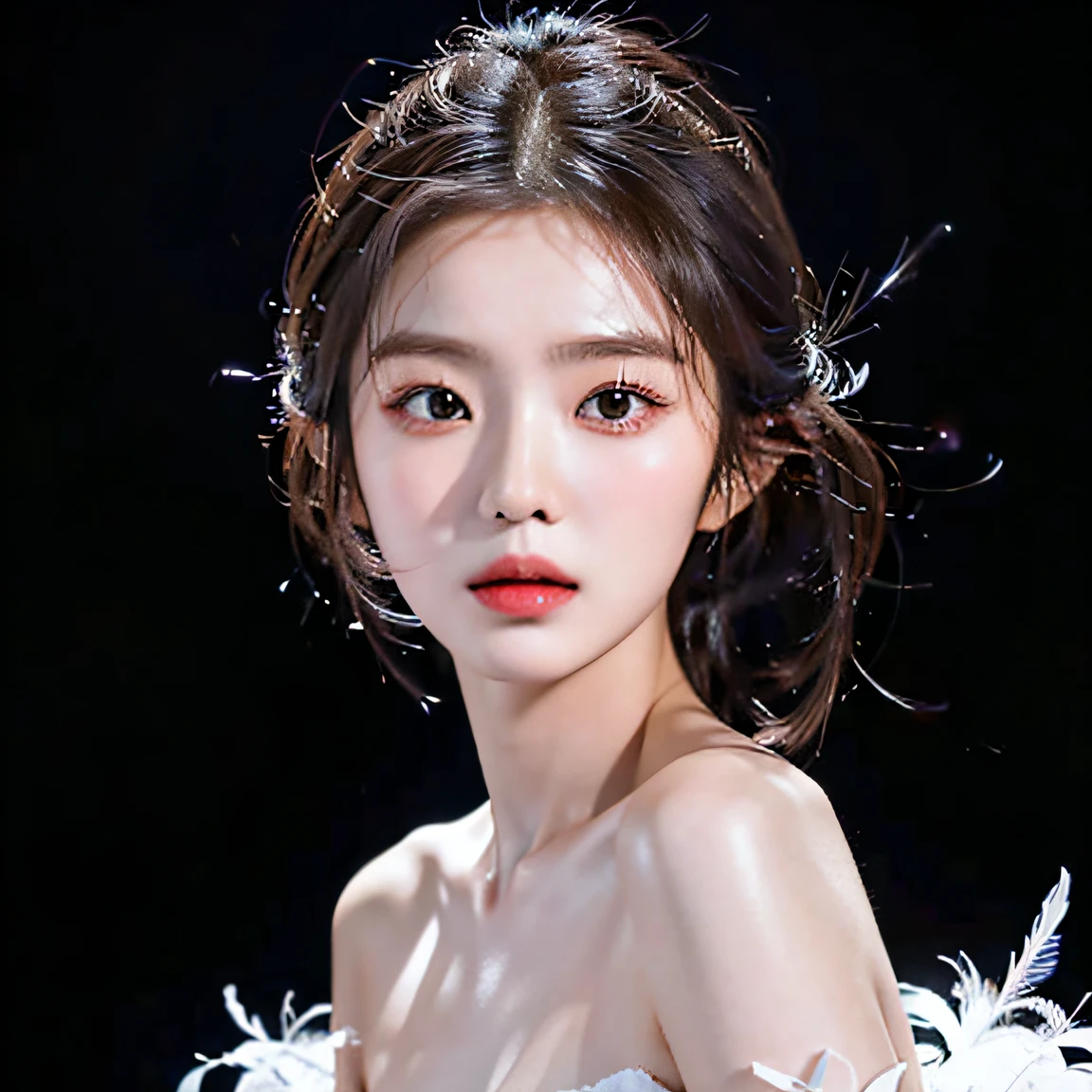Close-up of a woman in a white dress and a feather dress, cute delicate face, xintong chen, xue han, Inspired by Huang Ji, Ethereal beauty, wenfei ye, Inspired by Tang Yifen, chengyou liu, xision wu, headshot profile picture, gorgeous chinese models, Yun Ling, beautiful delicate face, Cai Xukun