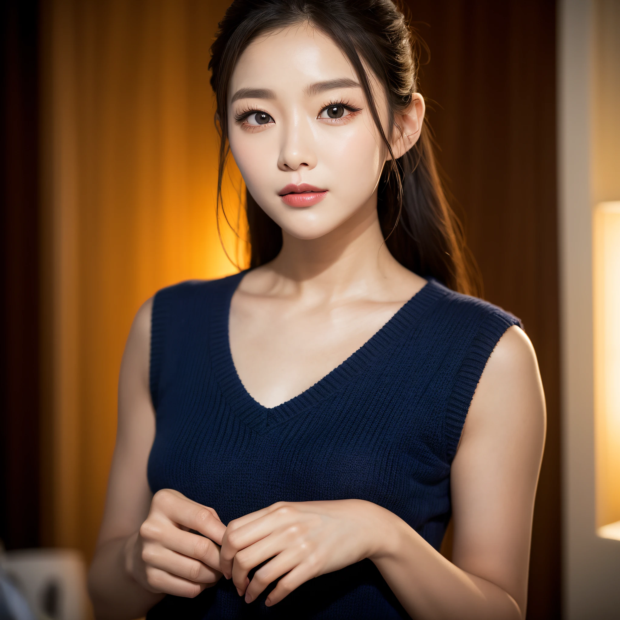((best qualtiy、8k masterpieces:1.3))、foco nítido:1.2、(ultra beautiful faces:1.0)、(shinny skin:1.0)、photos realistic、A dark-haired、Video Lighting、High-definition eyes and face、Video Lighting、(Korean Cute Actress)、from the front side、medium large breasts、ssmile、Sleeveless、Slender Abs Beauty、Wearing a tar neck knit