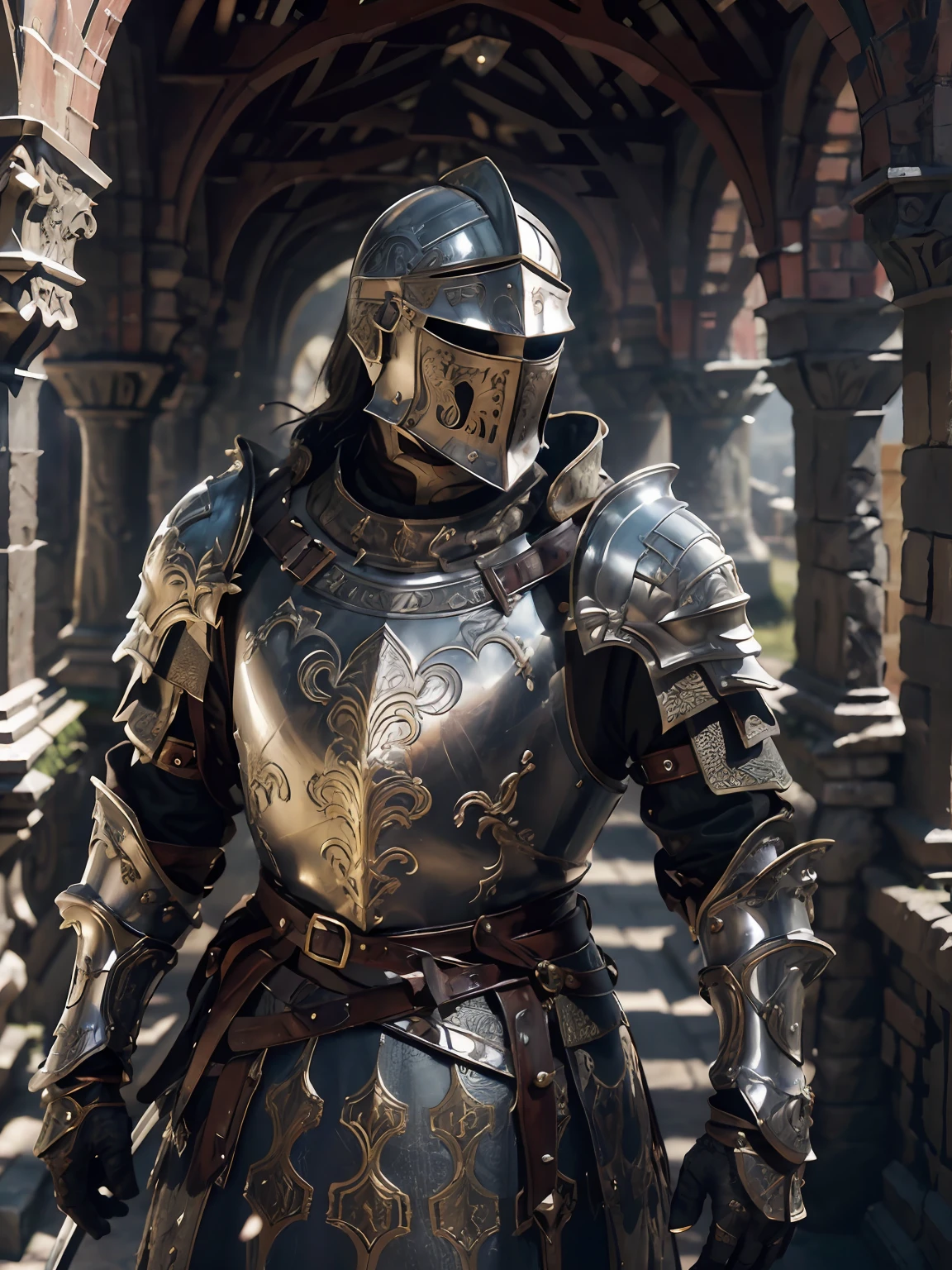 cavalier，medieval times，Silver armor，Pattern，A lot of detail，High quality，There are helmets，Long sword，Vintage，photorealestic，male people，colours，the detail，Textured，Extremely realistic，Excellent shadows，tmasterpiece，3D stereoscopic，Pubic area is clear，High quality，shoun，Castle background