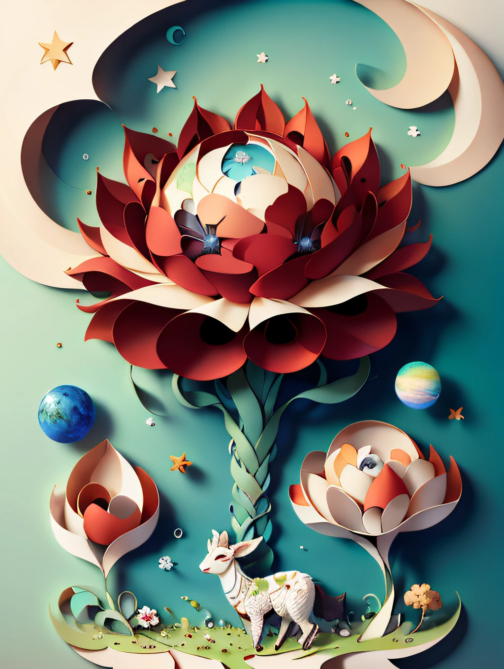 （（（tmasterpiece））），best qualtiy，illustratio，planet earth，grassy，pecora，taur，the space，paper_cut，