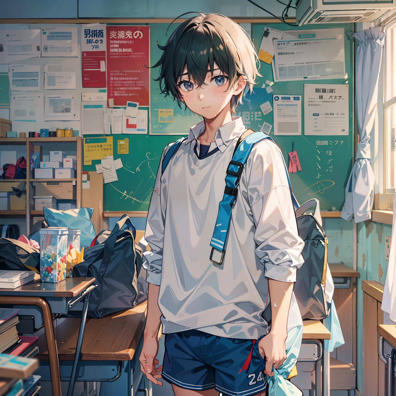 A 14-year-old junior high school boy stands in a classroom，Shota，Sweat profusely，blue short pants，Messy bangs，Shota，athletic sneakers。and the sun was shining brightly，quadratic element，A high resolution，Best Masterpiece，Be red in the face