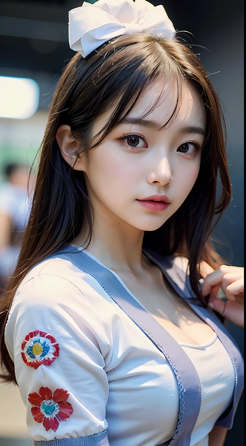 (​masterpiece, top-quality, a beauty girl, kawaii faces:1.5), Casual Hair, (The upper part of the body, bangss:1.2), Small waist, (Simple background:1.4), hospitals, (Horizon, beautiful ocean, Skysky, A clear day:1.2), shorth hair, nurse,Nursing clothing,face lights, 8K, Official art, Raw foto, incredibly absurdness, depth of fields, Look at viewers, A hyper-realistic, hight resolution, a picture, film grains, chromatic abberation, foco nítido, Bokeh background、Dynamic lighting、highest details、ighly detailed、ultra-detailliert、detaile、extremely detailed eye and face,large full breasts