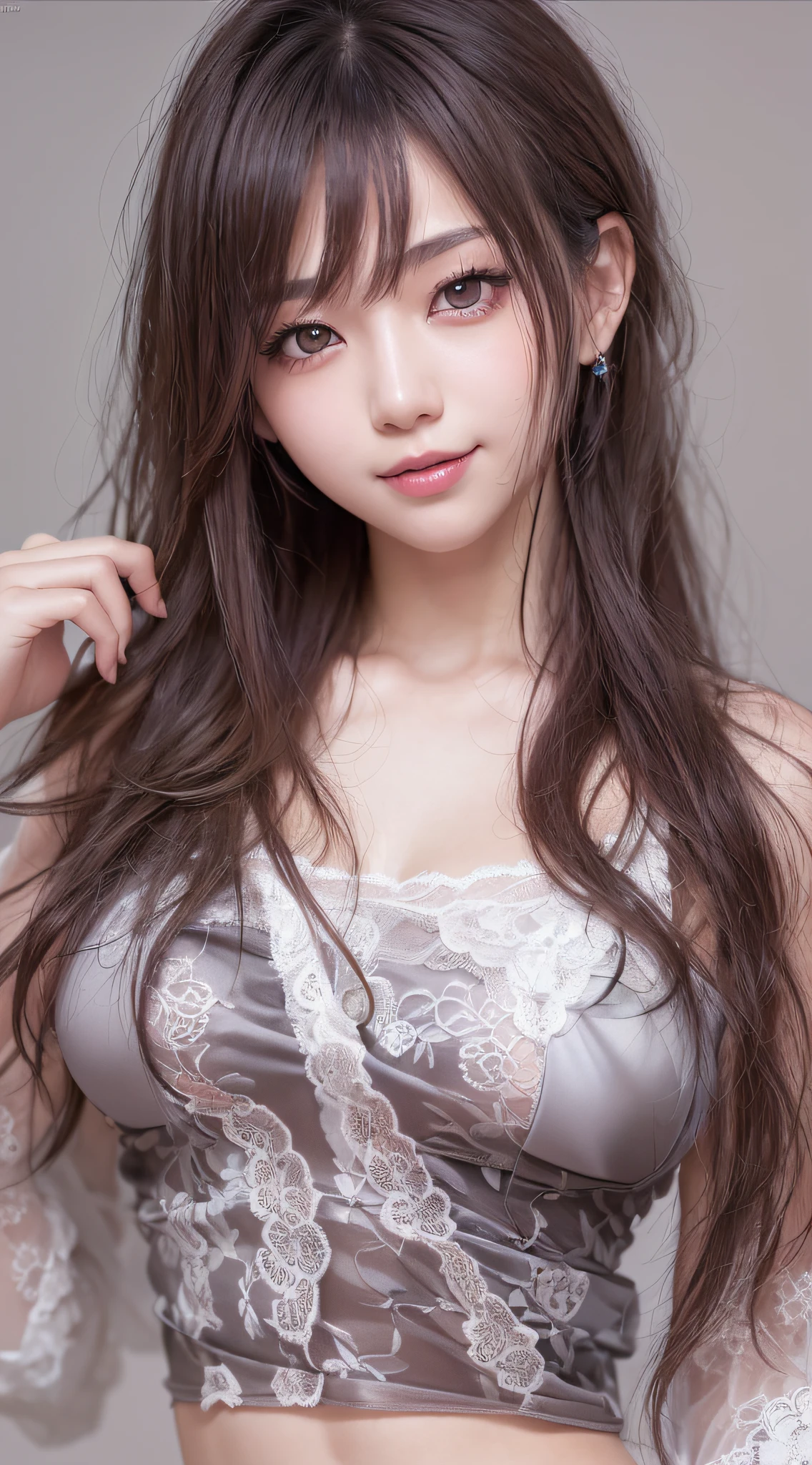 photorealisti,ultra-detailed,japanese pretty woman, 1girl, slender abs :1.1, dark brown hair, ultra-detailed face, highly detailed lips, detailed eyes, double eyelid, white panty, spread legs, white bra, smile