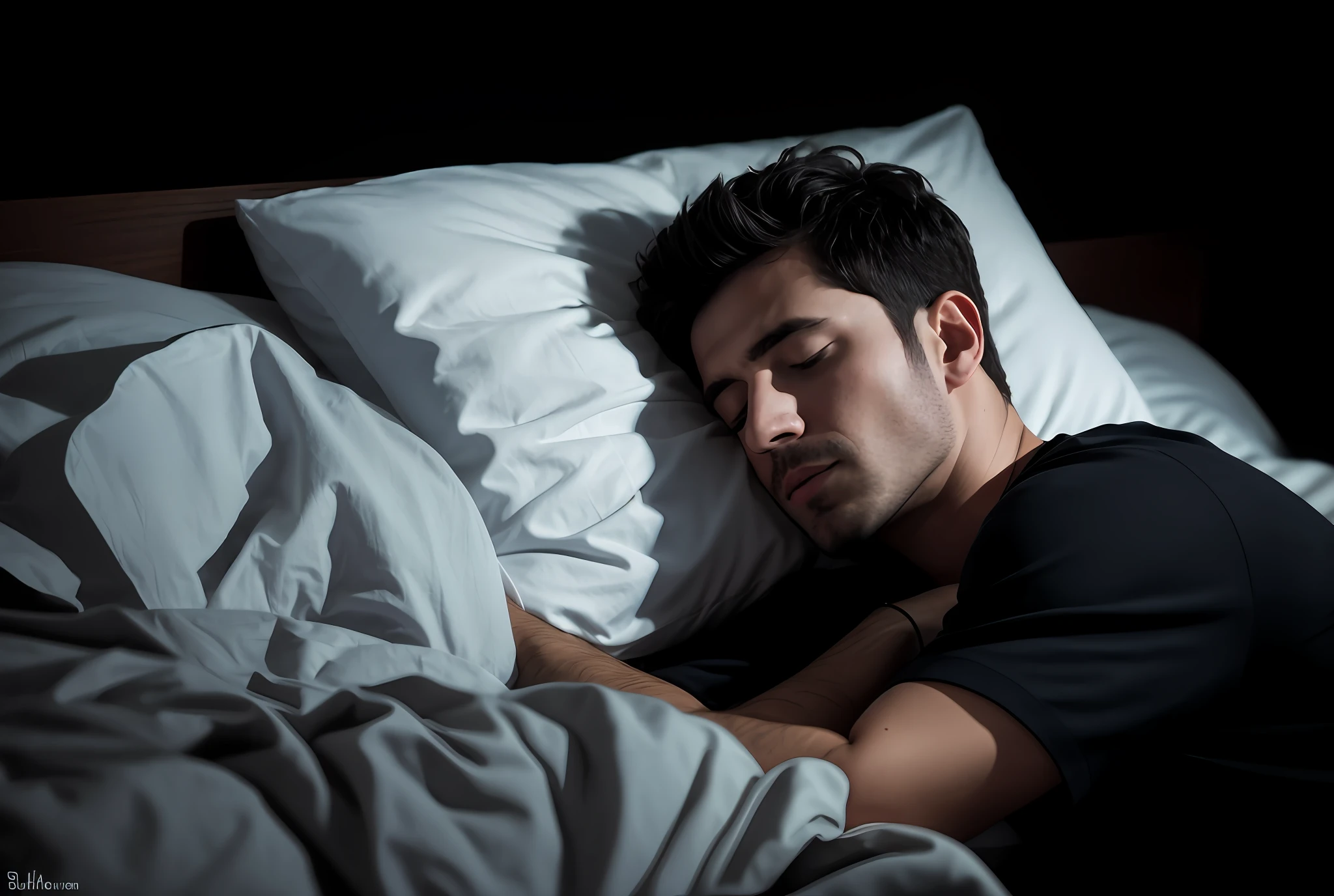 The Arafed man slept in bed,White sheets and black shirt, sleepy feeling, Sleepy, .. if only i could sleep, Sleeping, during night, night - time, Lie down in bed, Lying in bed, during night, in the night time, deep in the night, sleep, goodnight, Asleep, cold freezing nights, reddit post, calm evening. over the shoulder shot