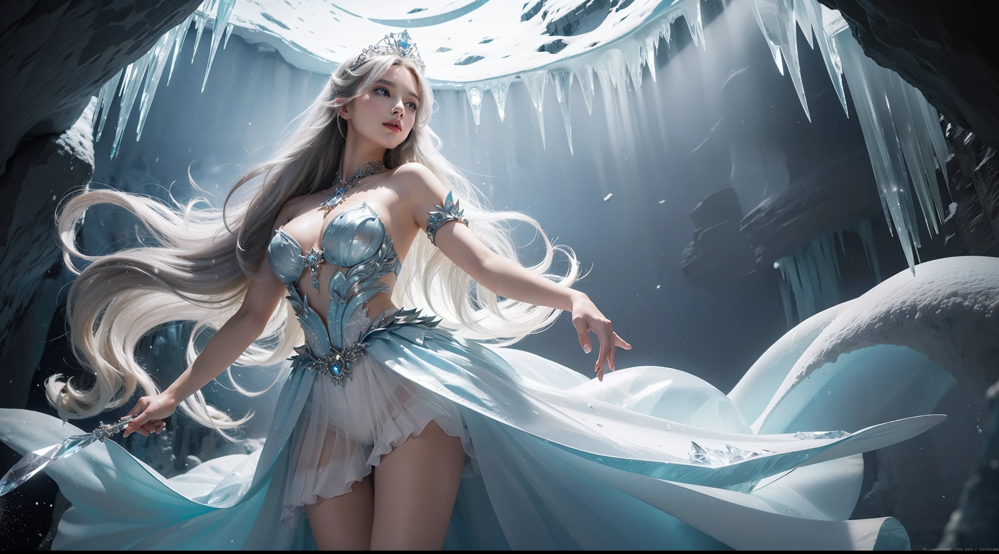 (masterpiece, high resolution, captivating:1.3), ethereal princess perched upon a magnificent cloud castle, (adorned with a sparkling crystal tiara:1.2), (with flowing hair that moves with grace:1.1), (in the ethereal atmosphere of an ice cave:1.2), where falling snow creates a serene backdrop, and the wind blows fiercely, capturing the essence of the celestial frost princess, a figure of beauty, power, and a connection to the magical realms of ice and snow.