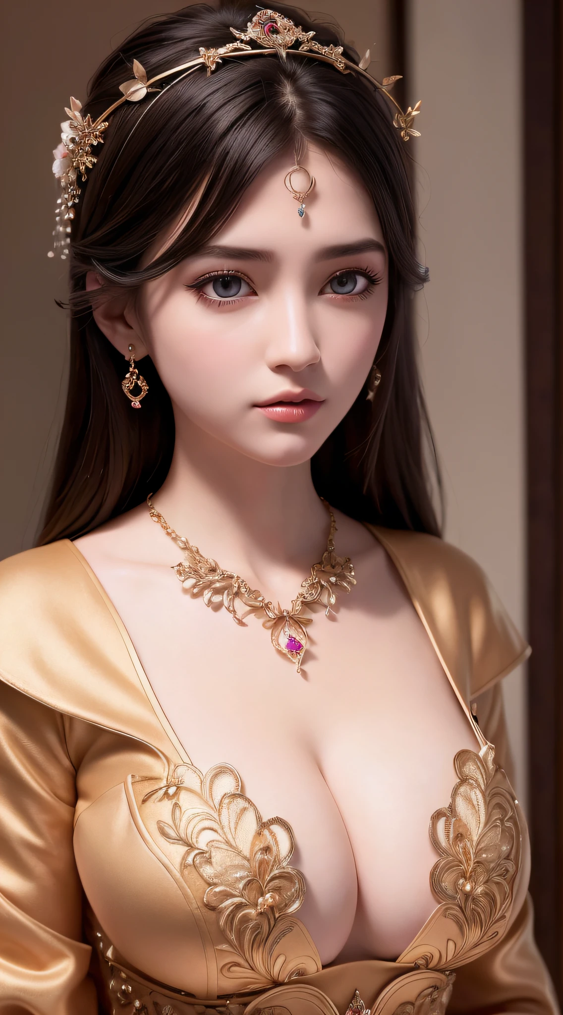 1 girl,best quality ,masterpiece, illustration, an extremely delicate and beautiful, extremely detailed ,CG ,unity ,8k wallpaper, Amazing, finely detail, masterpiece,best quality,official art,extremely detailed CG unity 8k wallpaper,absurdres, incredibly absurdres, huge filesize , ultra-detailed, highres, extremely detailed,beautiful detailed girl, extremely detailed eyes and face, beautiful detailed eyes,light on face, circlet, cleavage, real face, standing, natural face, clothes with texture, earrings, eyelashes, hair_ornament, jewelry, soft lighting,cinematic lighting , Baotou head,
