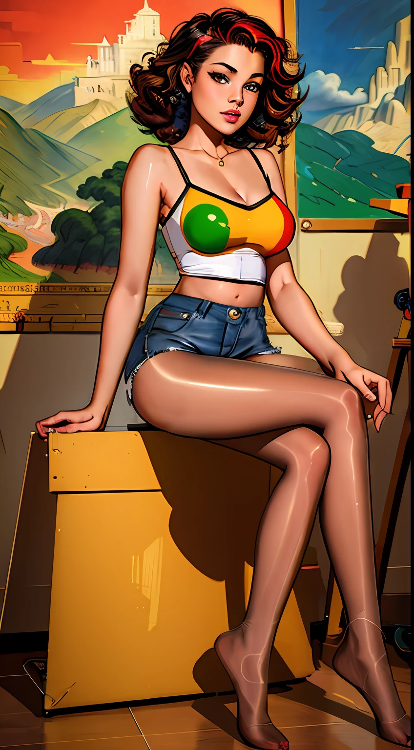 comics style, (((masterpiece))), full body view, feet in view, high resolution, gamer girl, nerd, , beautiful, cute, shoe store, sitting, legs wide open, short shorts, pantyhose, removing 1 shoe, fabric detail, curly dyed hair, (intricate fabric:1.1), photorealistic, UHD, HDR, very detailed, (trending on artstation:1.3), Rolling Stone shoot