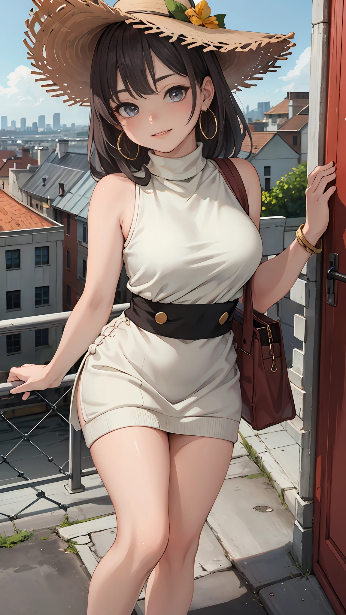 tmasterpiece， Best quality at best， Kizi， Grapefruit eyes， Gray-gold， long whitr hair， Unstable_face， Glossy glossy skin， a flat chest， nice leg line：1.3， thick thight， big breasts thin waist， ， Red_polka_dot_wrap_dress， white_platform_espadrilles， woven_tote_bag， straw_hat， gold_hoop_earrings， view over city， looki at viewer，from the above：1.2，dynamic angle，White sleeveless turtleneck sweater:1.2)