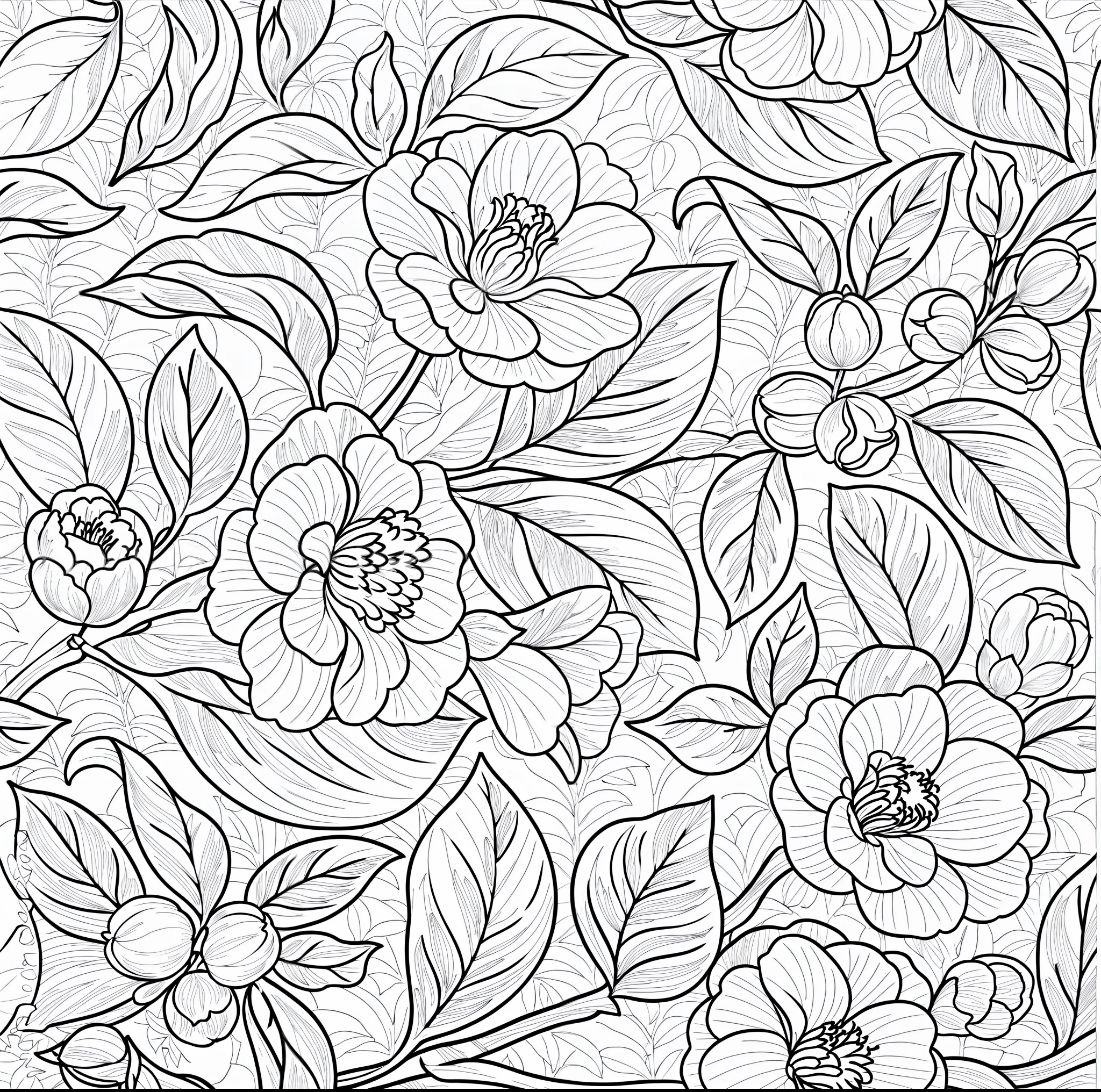 A painting of flowers and leaves in black and white, coloring book page, sketch black and white colors, Coloring book outline, Black and white coloring, botanical background, Line - Art, Coloring book style, floral patterns, illustration black outlining, florest background, line art illustration, Garden floral pattern, highly detailed linework, Seamless pattern design, floral wallpaper, sketch illustratio