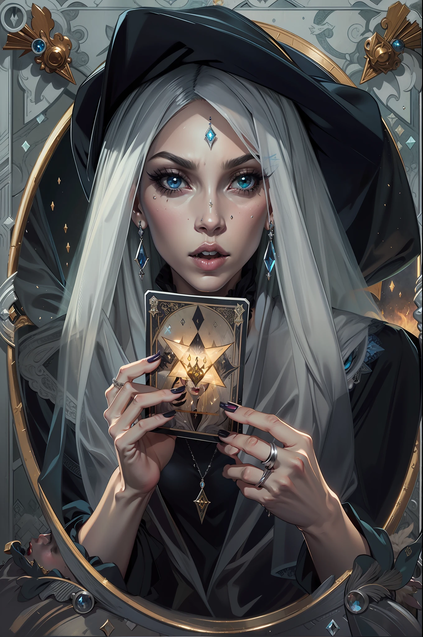 Mystery Witch uses tarot cards for divination, silver hair, mouth veil, crystal earrings, puckered lips, jitome, evil, Surrealism, retina, HD