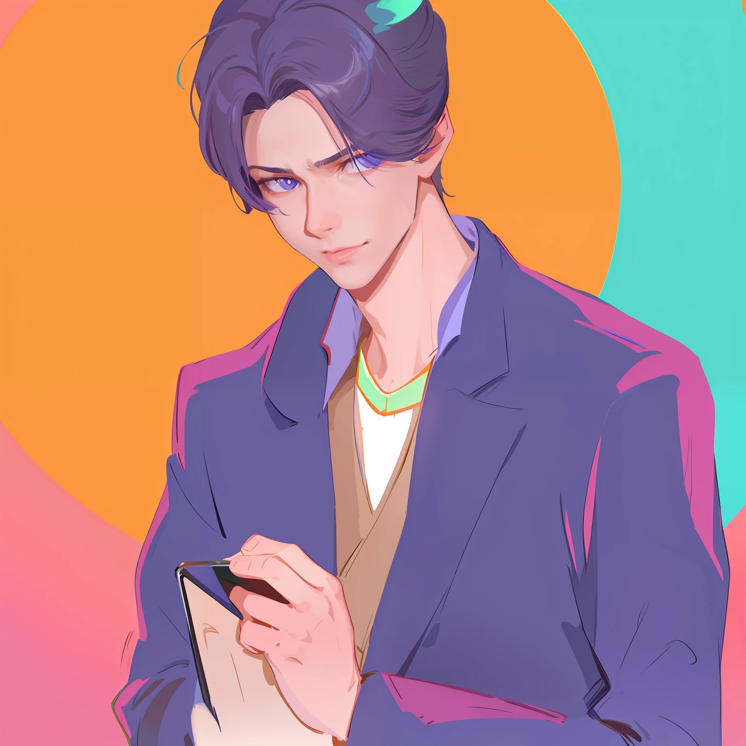 There is a man in a suit with a mobile phone, delicate androgynous prince, lofi portrait, beautiful androgynous prince, inspired by Yanjun Cheng, high quality fan art, colorful sketch, Handsome Anime Pose, digital anime illustration, inspired by Bian Shoumin, official fan art, lofi artstyle, in the art style of 8 0 s anime
