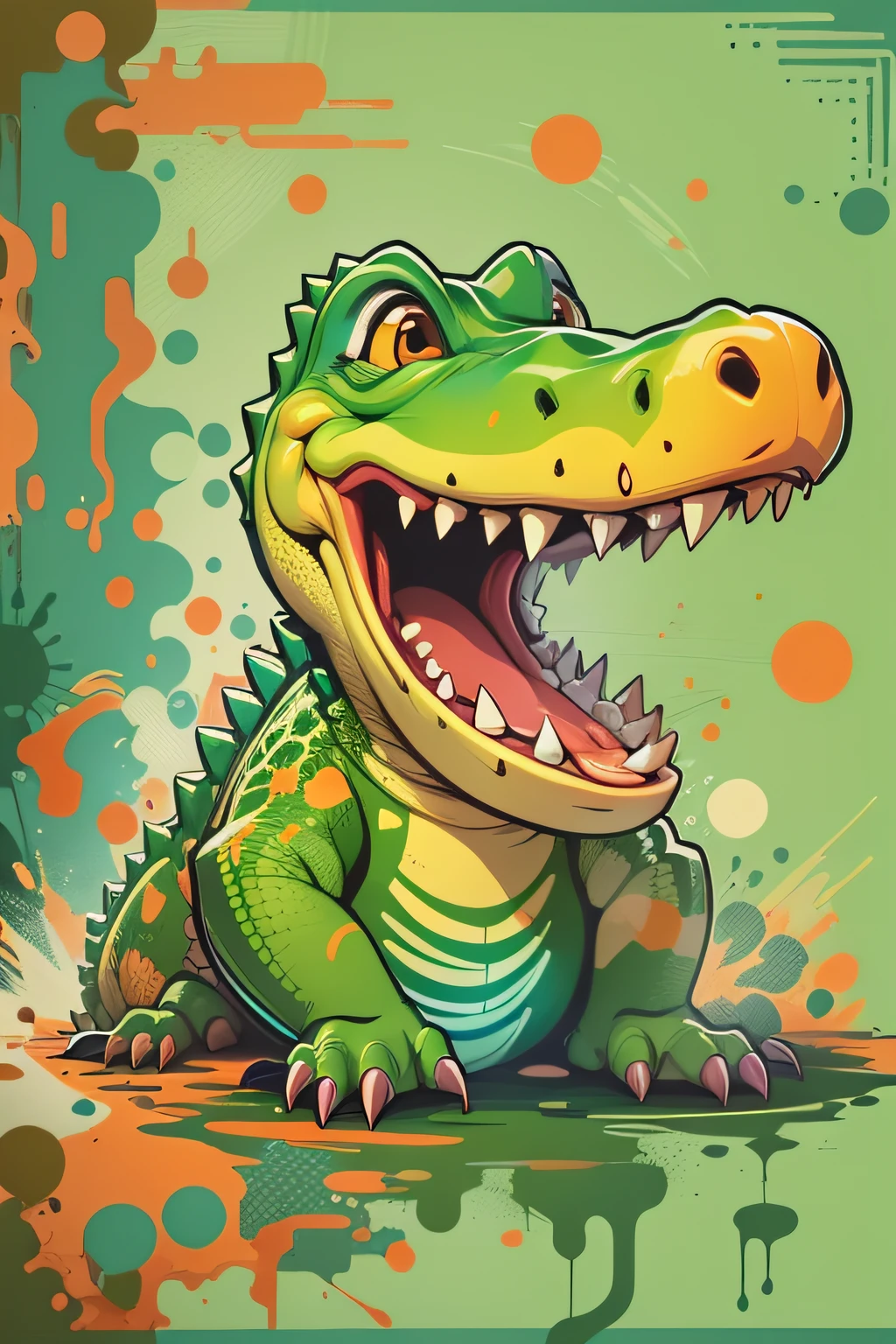 vector art, Colorful graffiti illustration, Cute cartoon crocodile, in the center, Bright colors, paint splashes and blots, Adobe Illustrator, high detail, whitebackground