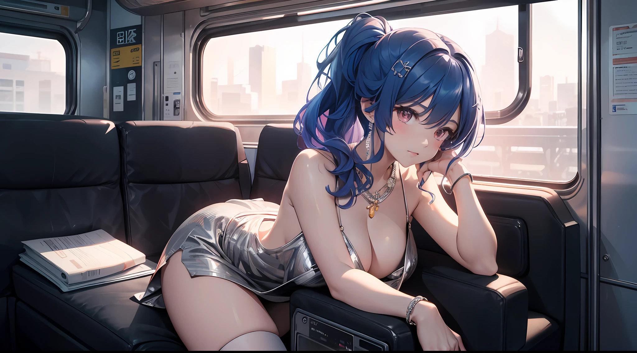 “（tmasterpiece，k hd，hyper HD，4K）brunette color hair，20 years old Japanese girl，Uniform skirts，emphasizing thighs，whitethighhighs，soft thighs，Glossy thighs，Lying on the train，Face-to-face perspective，（From the angle below），Lying on your stomach in the seat of the train，sitting in front，Crotch zoom camera，Lying on the train floor，full bodyesbian，Head down and sleepy-eyed，looking at the viewer only"， best qualtiy， hyper HD， （realisticlying：1.4），， A high resolution， the detail， RAW photogr， Sharp Re， Nikon D850 Film Stock Photo by Jefferies Lee 4 Kodak Portra 400 Camera F1.6 shots, Rich colors, ultra-realistic vivid textures, Dramatic lighting, Unreal Engine Art Station Trend, cinestir 800，huge tit，Blush，