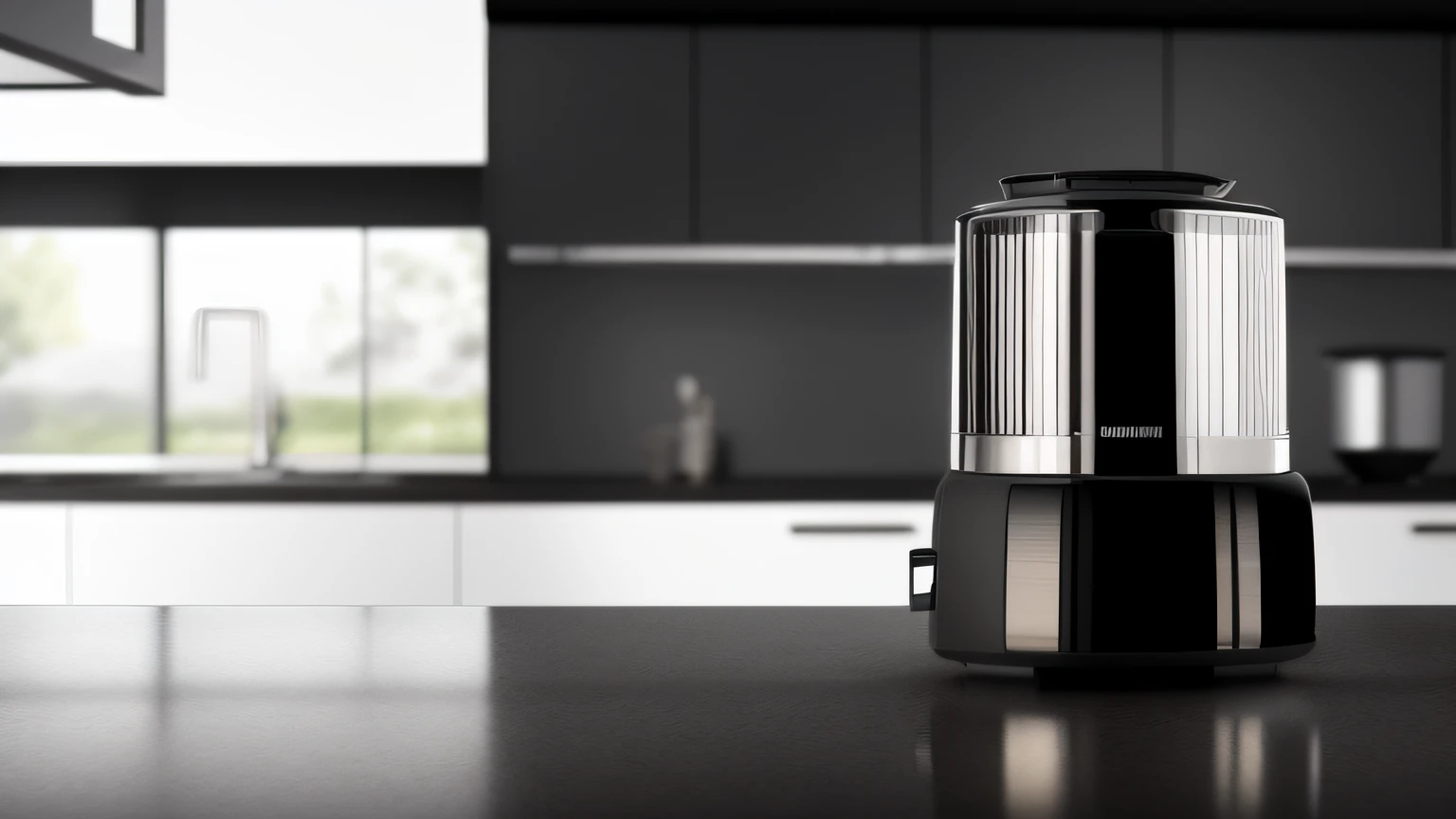 The kitchen counter has a black and silver coffee machine，Black and white countertops，Black and silver countertops,Dalof Ipukar,unreal engine rendered,computer render,hyper photorealism,