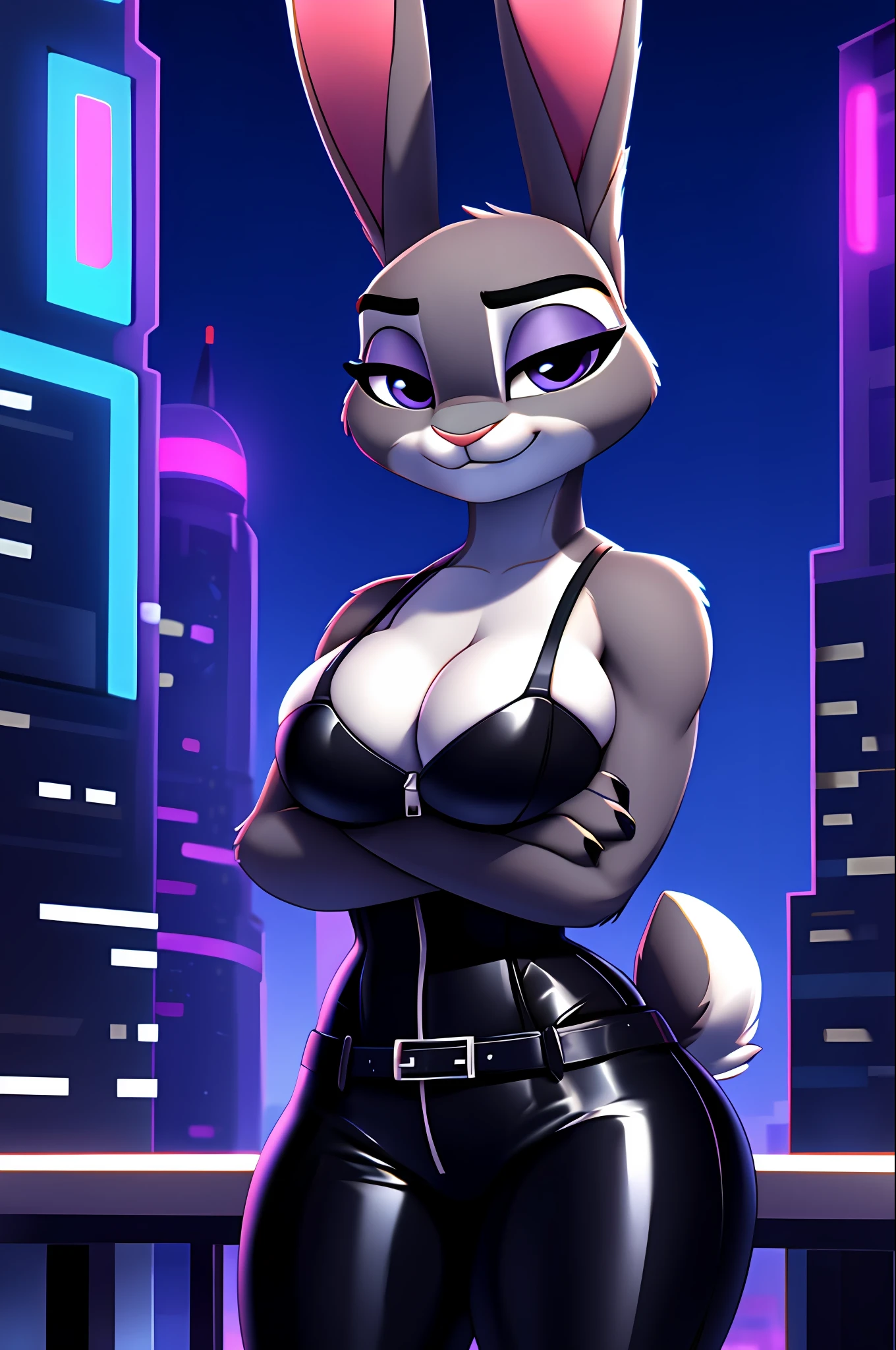 Judy Hopps, Night City Lights, Skyscraper With Neon Lights, Portrait Of Stunningly Beautiful Furry Bunny Girl, Soft Delicate Beautiful Attractive Face With Alluring Purple-Black Eyes, Lovely Medium Breast, Voluminous Eyebrow With Piercing, Thick Eyelashes, (Smug Face:1.1), Bunny Snout, sexy gaze at viewer, (half-closed eyes), looking at viewer, Gray Thick Layered Body Fur, Long Bunny Ears With Tail, High Quality Black Latex Texture Full Bodysuit With Close Zipper, Purple Trim Clothes, Buckle Waist Belt, Standing On Highest City Rooftops, Bright Night City Skyline Background, (Crossed Arms:1.2), (Highest Quality, Amazing Details:1.4), Cel Shading, Raytracing, Color Grading, 3D Animation, Picturesque Scenery, ((cleavage overflow)), exposed breasts, furry breasts,
