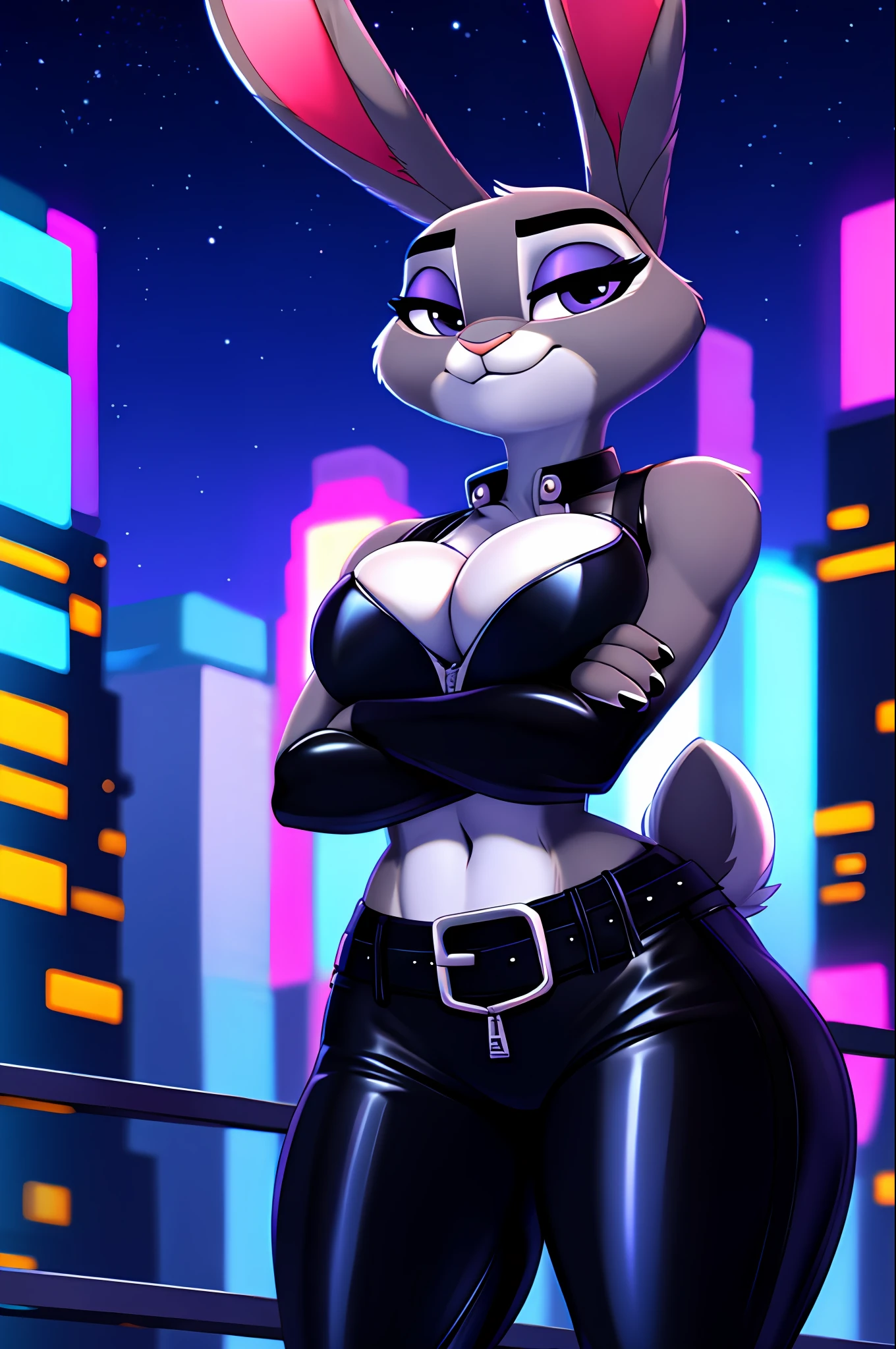 Judy Hopps, Night City Lights, Skyscraper With Neon Lights, Portrait Of Stunningly Beautiful Furry Bunny Girl, Soft Delicate Beautiful Attractive Face With Alluring Purple-Black Eyes, Lovely Medium Breast, Voluminous Eyebrow With Piercing, Thick Eyelashes, (Smug Face:1.1), Bunny Snout, sexy gaze at viewer, (half-closed eyes), looking at viewer, Gray Thick Layered Body Fur, Long Bunny Ears With Tail, High Quality Black Latex Texture Full Bodysuit With Close Zipper, Purple Trim Clothes, Buckle Waist Belt, Standing On Highest City Rooftops, Bright Night City Skyline Background, (Crossed Arms:1.2), (Highest Quality, Amazing Details:1.4), Cel Shading, Raytracing, Color Grading, 3D Animation, Picturesque Scenery, ((cleavage overflow)), exposed breasts, furry breasts,
