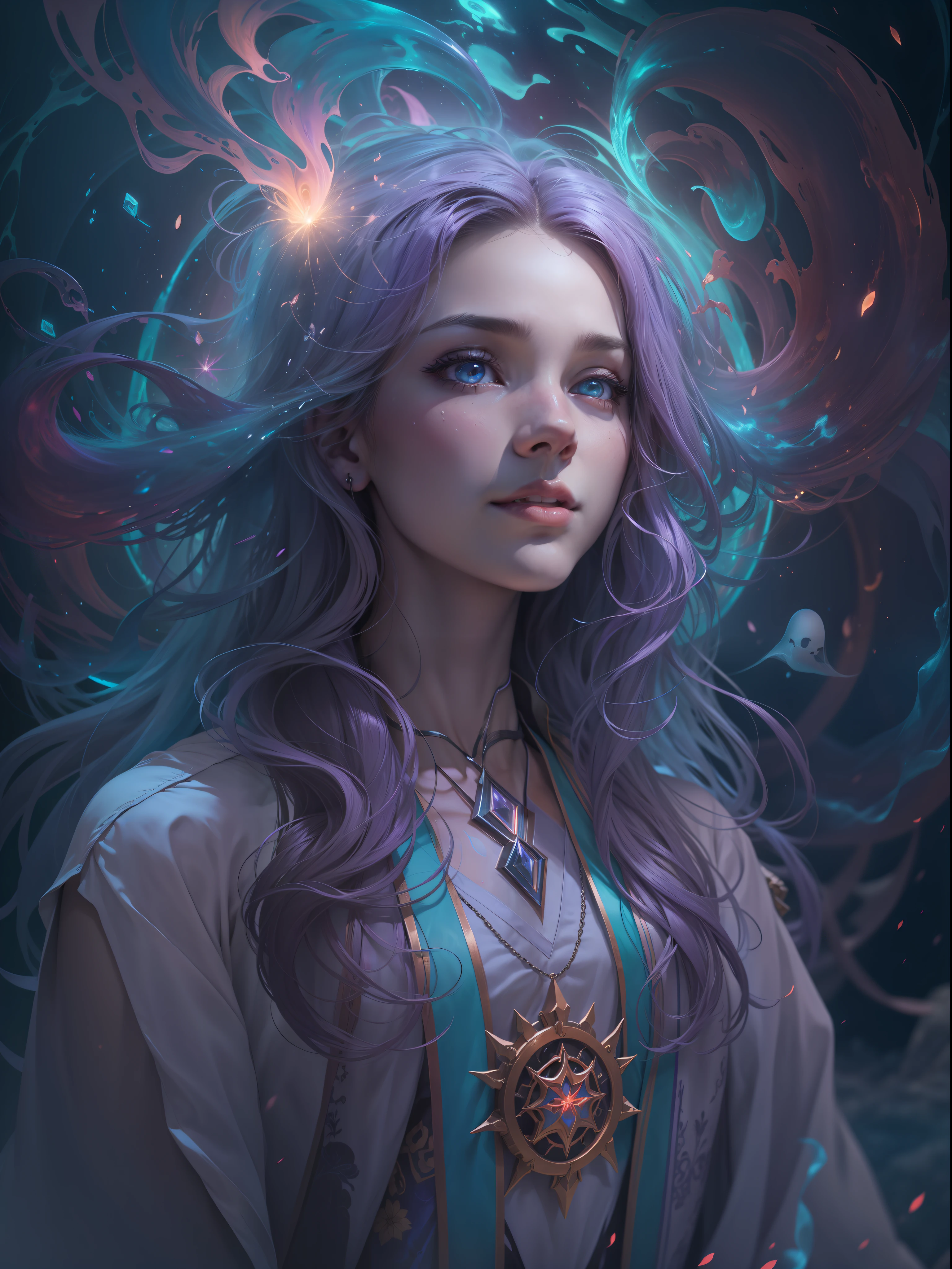 Picture quality：A masterpiece of high detail,8K,High-resolution body content：1girll,15year old,full bodyesbian, Side Body，An evil smile on his face，Broad perspectives，wears a long robe，Glowing hair，Ink color fills the face like fireworks，The Ghost-colored Demon Wheel unfolded behind it，Behind him is the mysterious oversized purple chakra blue light，Countless glowing quicksand swirled around this figure，Mysterious top light，The feeling of being high，Background with：A dazzling paradise，enviroment：fanciful，Full of mystery，Bask in the breath of chaos，Hopeful，Divine piety，mystical ambiance：Mysterious and unknowable sense of light，Intense violet light，Magic beam，The fantasy of the future world is intertwined with reality，Color：Infused with ethereal hues and luminous turquoise hues，High purity color， composition：full bodyesbian，tilted angle，Wide angle style reference:Virtual Engine，The magical texture of the ghost spark，Chaotic real world