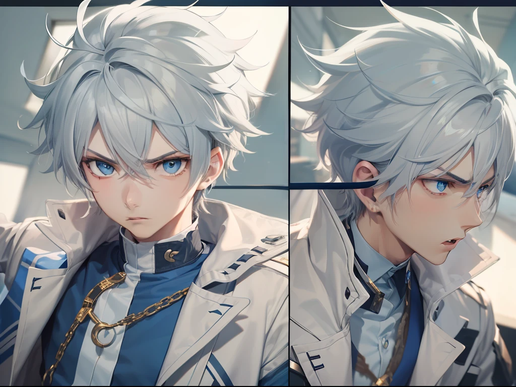 Best quality, tmasterpiece, 18 year old boy, Tall, Short gray hair, blue color eyes, The expression is angry and firm