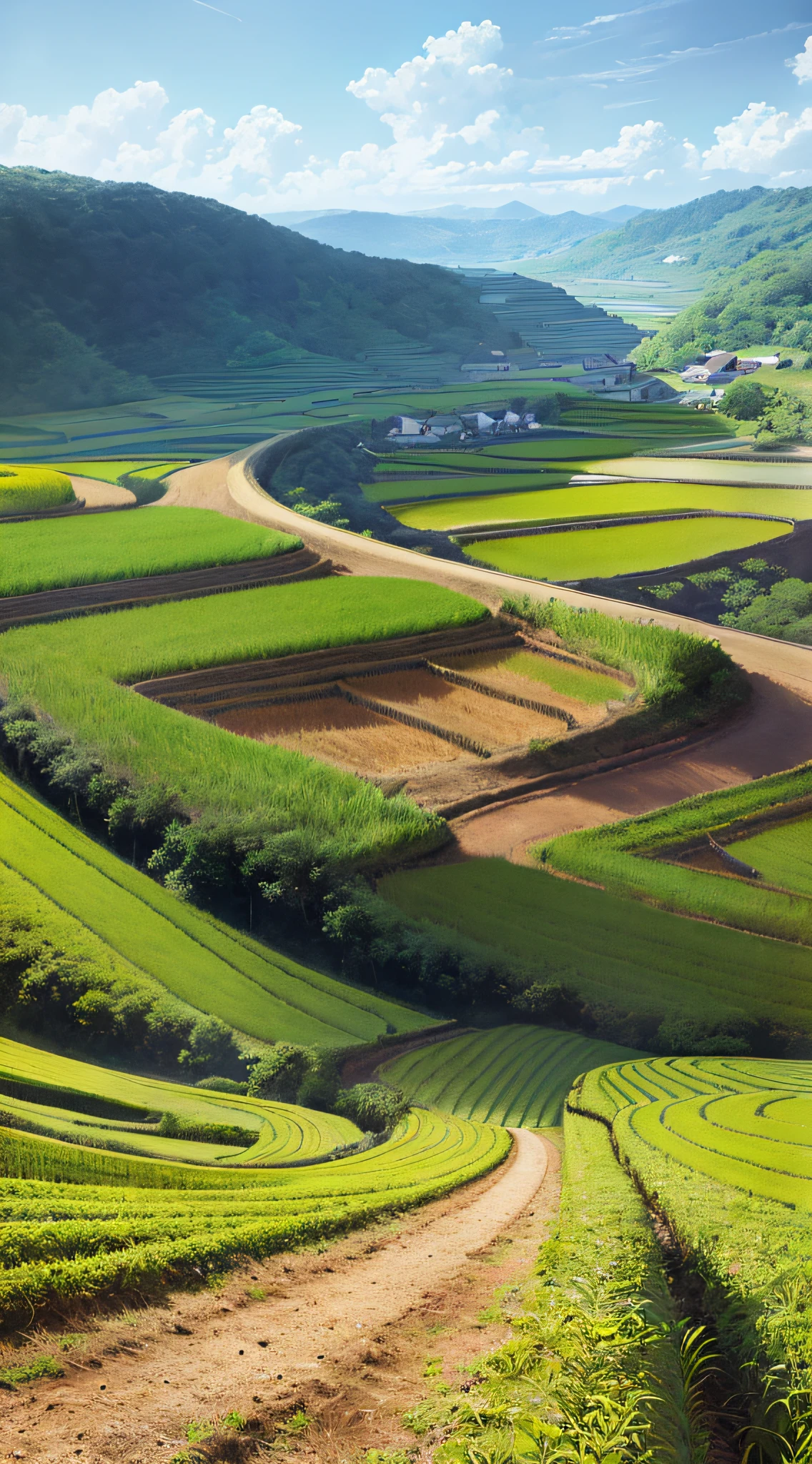 An old farmer carrying a flat burden, walking on the winding path of the countryside, big clouds, blue sky, rice fields, neat rice seedlings in the field, forest, hillside, secluded, countryside, HD detail, hyper-detail, cinematic, surrealism, soft light, deep field focus bokeh, ray tracing and surrealism. --v6