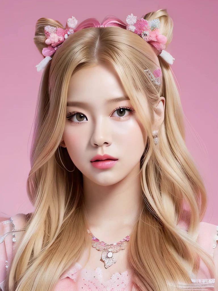 Blonde woman posing for photo with long hair and pink dress, portrait of jossi of blackpink, Portrait of Barbie, roseanne park of blackpink, hyperrealistic , portrait jisoo blackpink, inspired by Russell Dongjun Lu, inspired by Yanjun Cheng, Kawaii realistic portrait, render of april, portrait of kpop idol, IG model,Princess Sweet Wind,There is a bow hair ornament on the head.