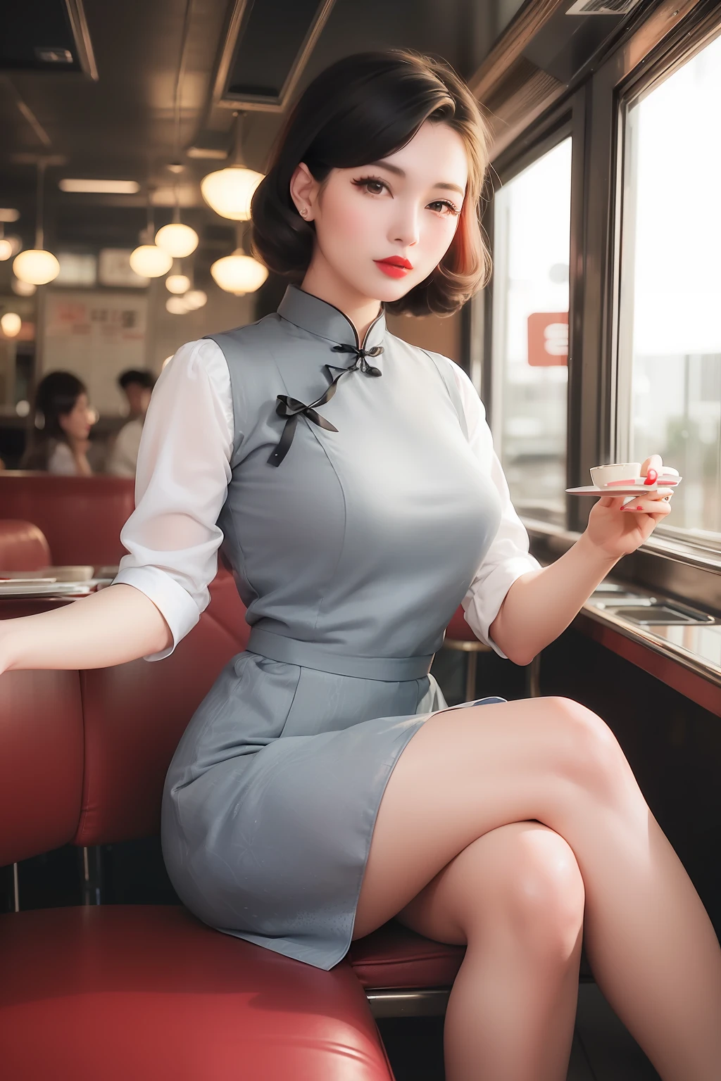 Araki woman sitting on a red bench in the dining room, wearing rr diner uniform, dressed like in the 1940s, retro pinup model, 1950s vibes, in classic diner, korean women's fashion model, pinup style, elegant japanese woman, 5 0 s style, 50s style, in a blue qipao