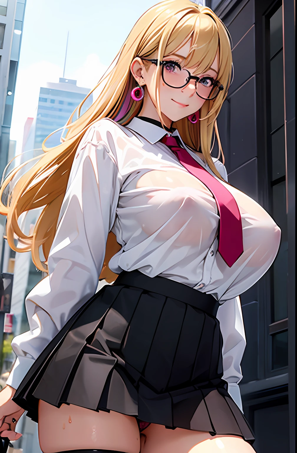(best quality masterpiece:1.2) 8k, on the street, pee, 1girl, big breast, big areola, blonde hair, long hair, multicolored hair, pink glasses, red eyes, jewelry, earrings, piercing, school uniform, white shirt, tied shirt, black choker, blue necktie, micro pleated skirt, no panties, no bra, black thigh high, thigh gap, smells, LOW angle, medium shots 1:2 , from below, lower view, pubic exposed, blush face, random posed, lewd smile, wet thight.