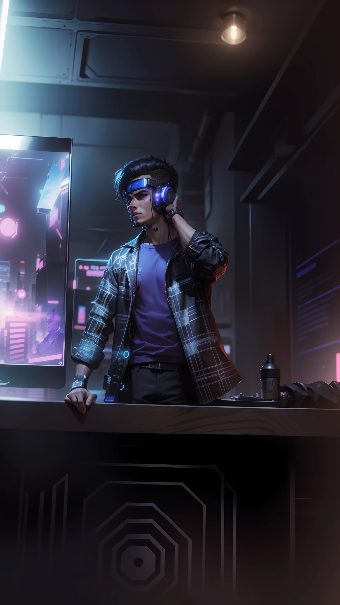 Change background photo cyberpunk handsome boy ultra realistic face