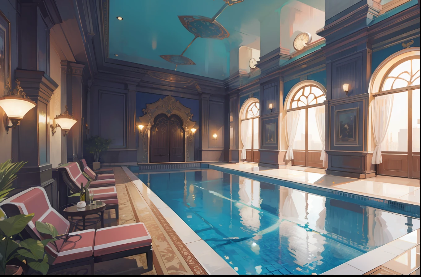 There is a large indoor swimming pool with a shark in the middle ...