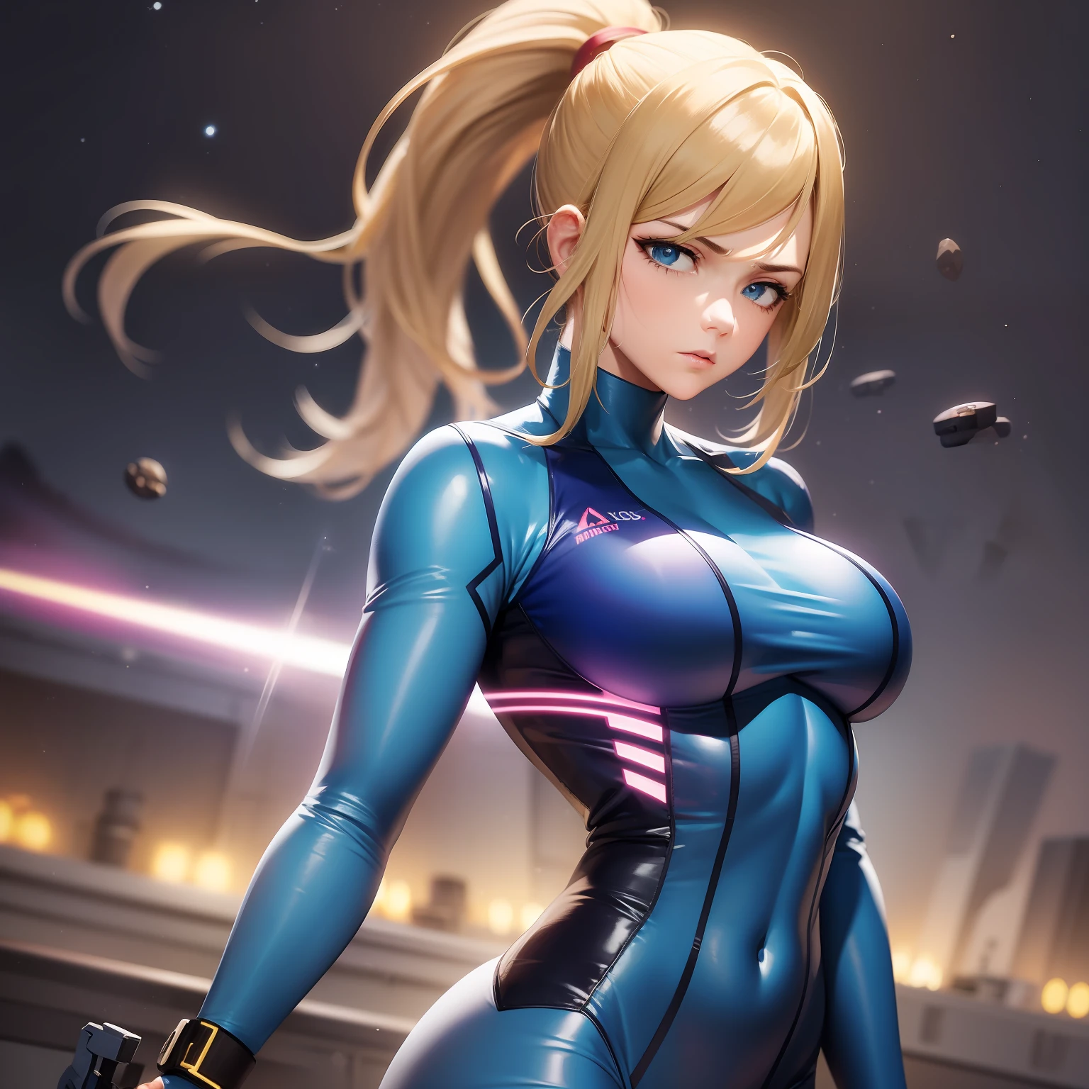 masterpiece, best quality, samus aran, ponytail, hair tie, blue bodysuit, upper body, looking at viewer, furrowed brow, holding handgun, hand to hip, outer space