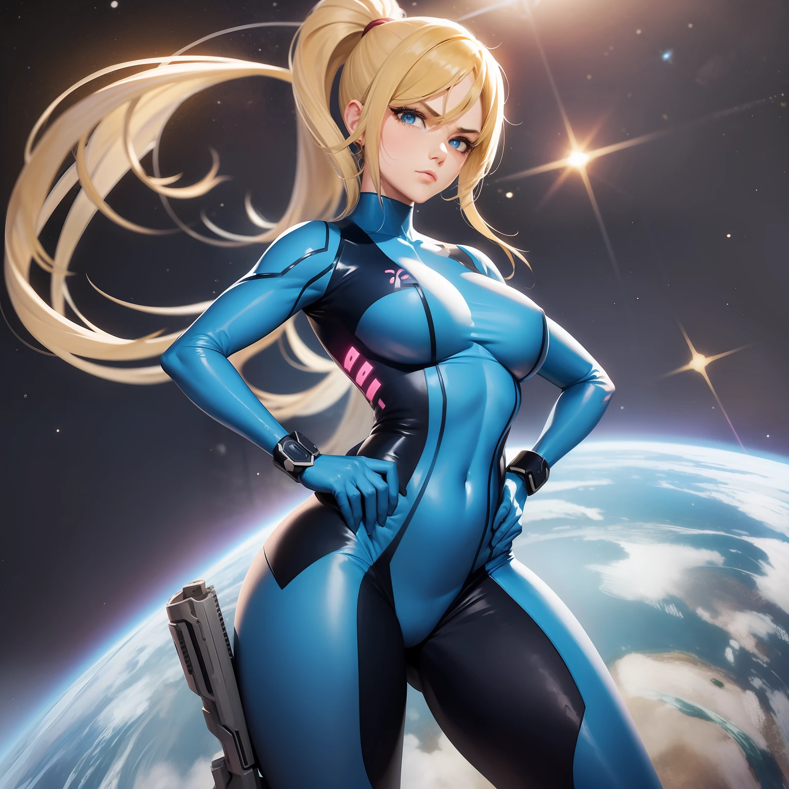 masterpiece, best quality, samus aran, ponytail, hair tie, blue bodysuit, upper body, looking at viewer, furrowed brow, holding handgun, hand to hip, outer space
