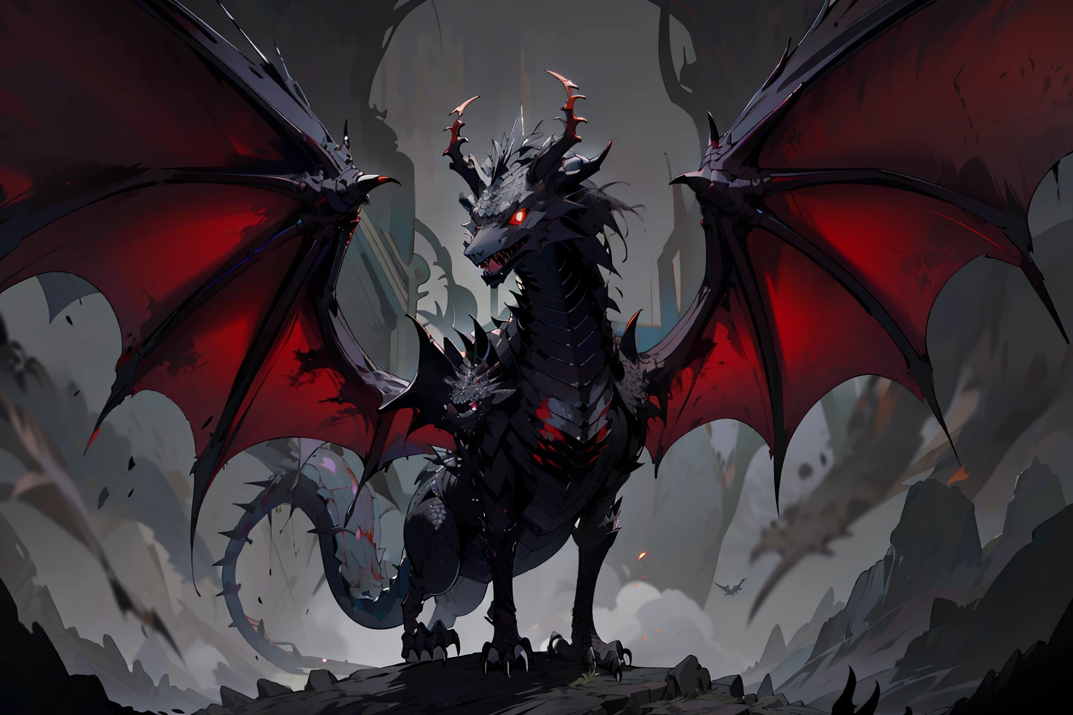 there is a dragon with red eyes standing on a rock, a majestic gothic dragon, black dragon, ancalagon the black, alduin, a majestic gothic indian dragon, epic dragon, dragon art, drogon, d&d commision art dragon, demonic dragon inspired armor, european dragon, wyvern, dragon in the background, dragon with scars