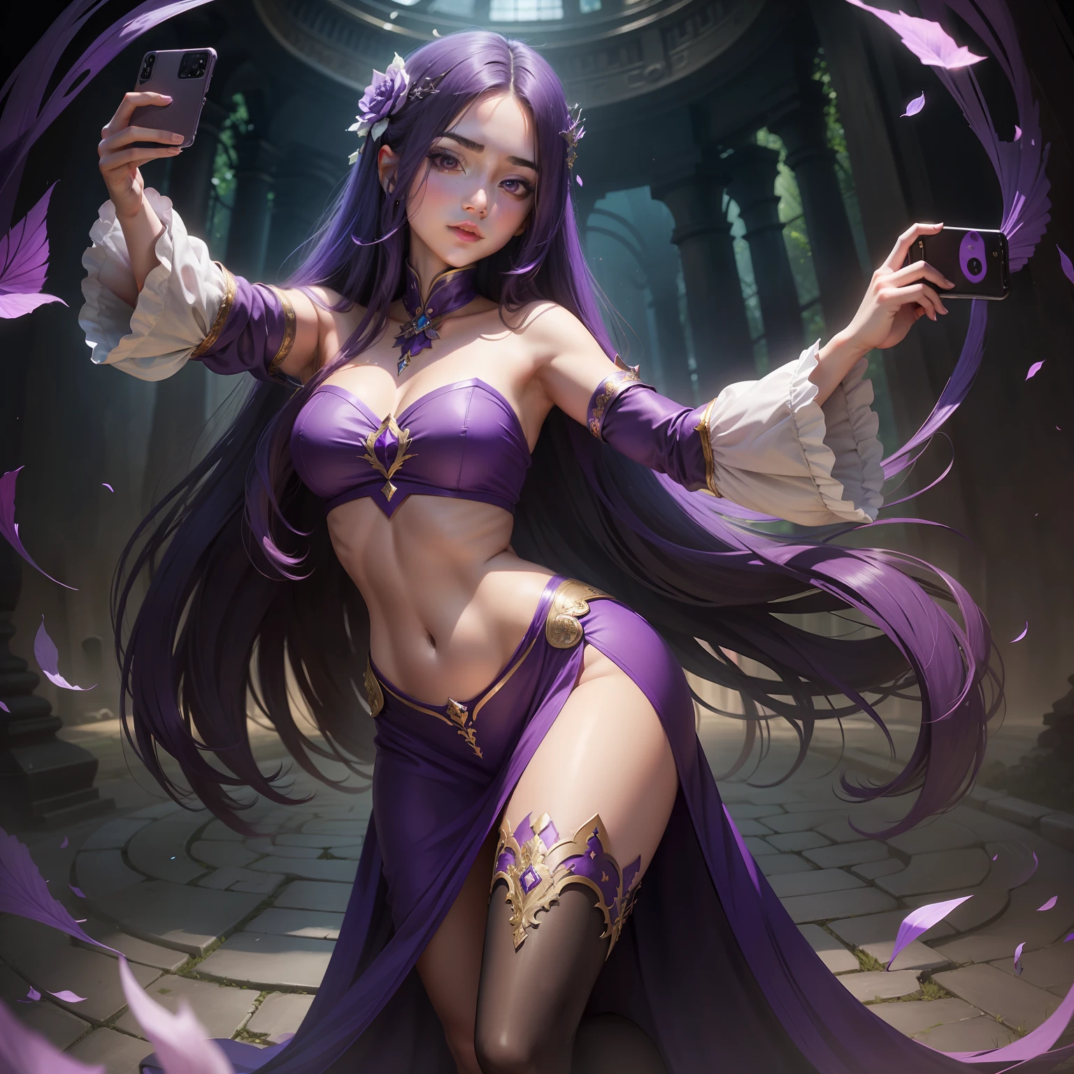 1 girl((Full-body selfie,enchanted)),Beautiful,Long straight hair((deep Purple))