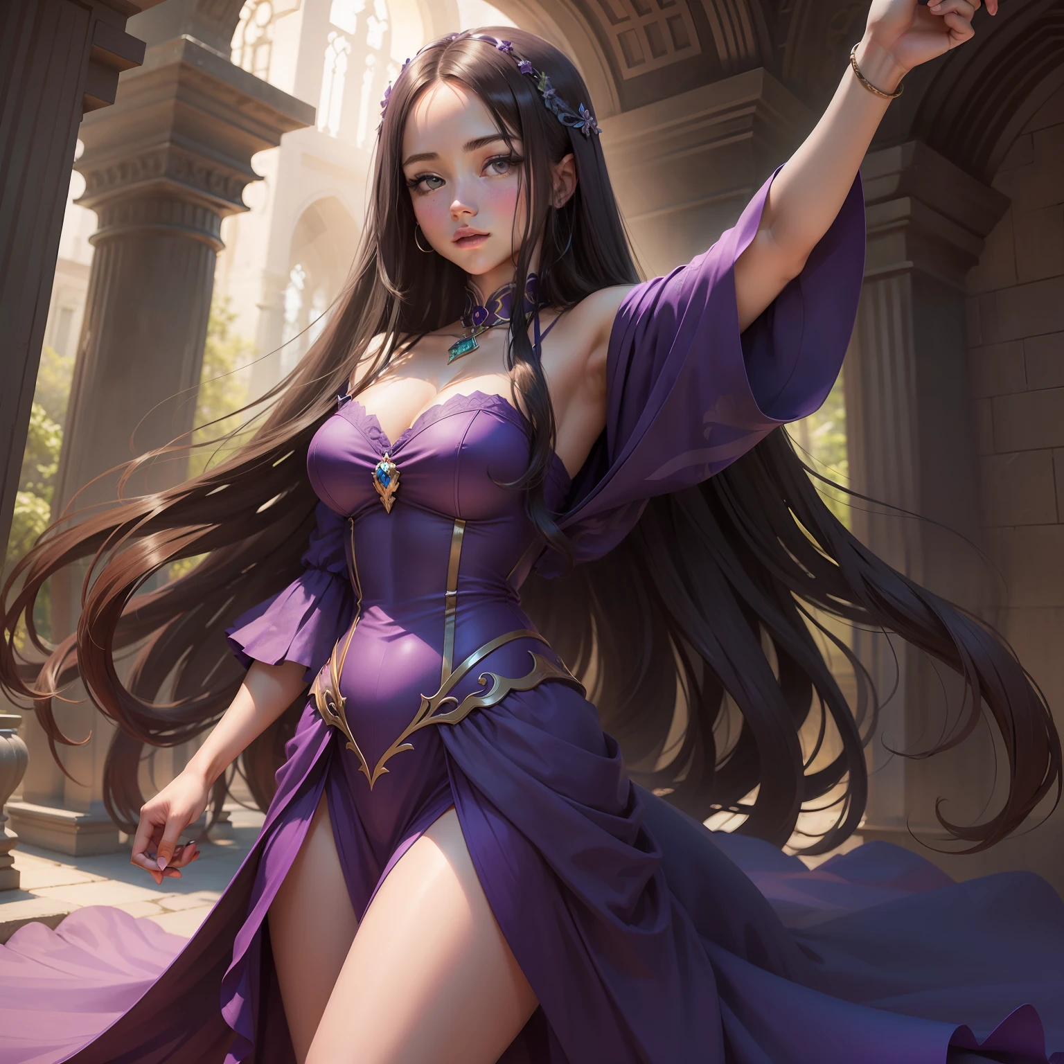 1 girl((Full-body selfie,enchanted)),Beautiful，Long straight hair((deep Purple))