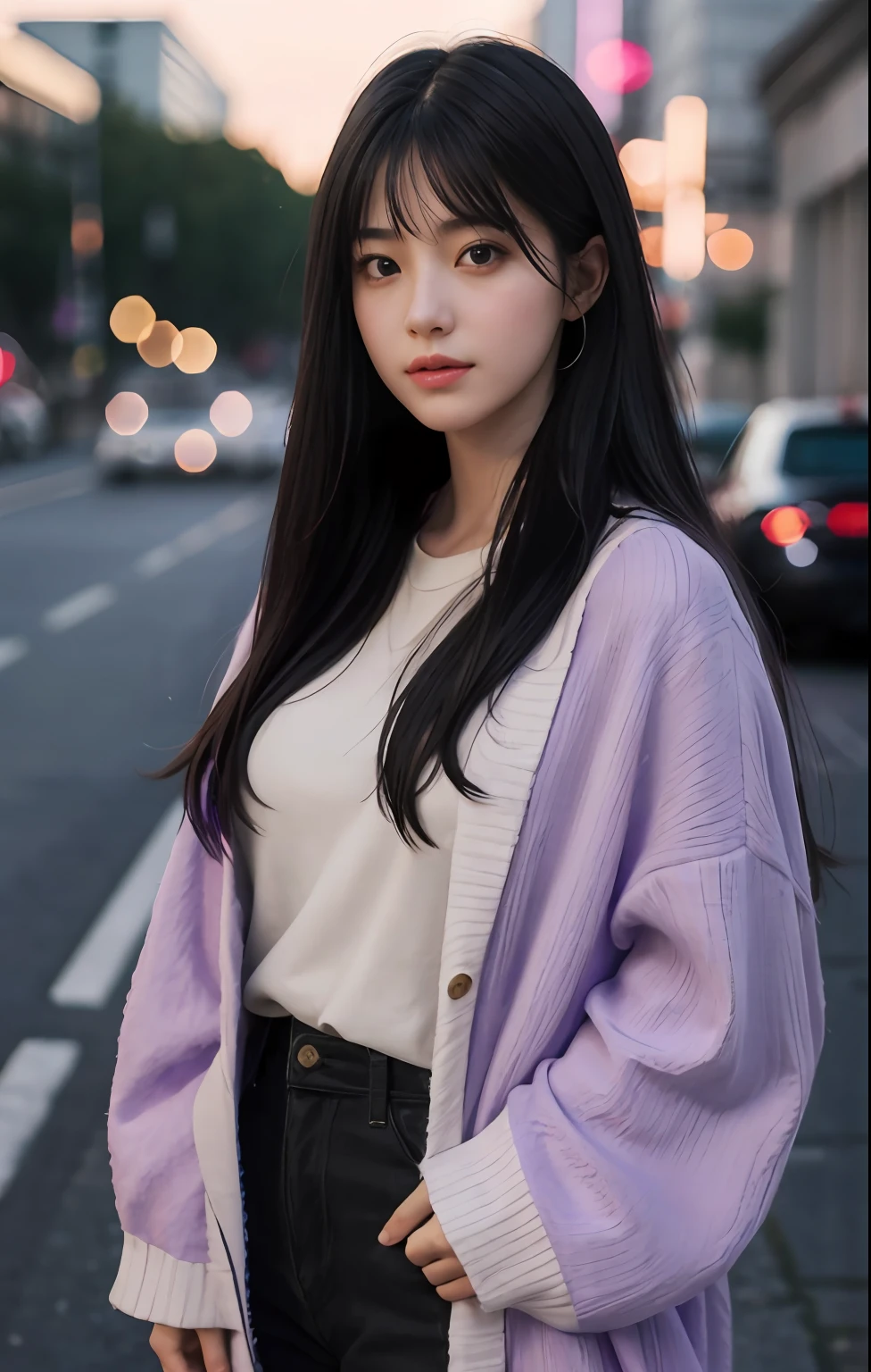 （64k，RAW photos，best qualtiy，masterpiecel1.4），（realisticlying，photograph realistic：1.37），Hyper-detailing、cinematic ligh、ultra-realistic realism、Soft light、Deep field focus bokeh，1girl，hyuga hyuga, Beautiful girl,Long hair,Black hair, purple color-theme