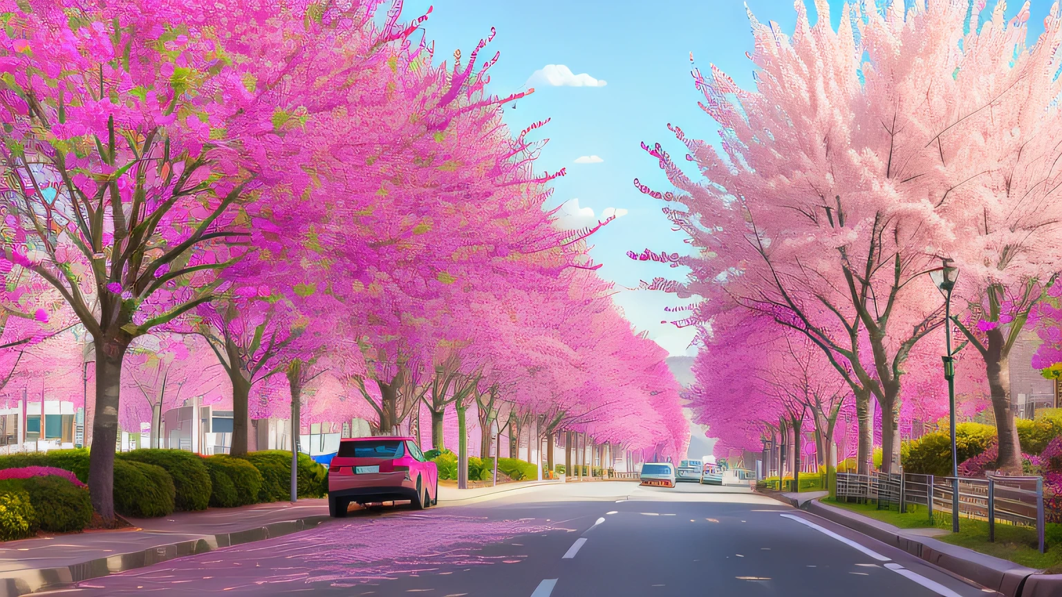 a car parked on the side of the road，The streets are lined with pink trees, There are pedestrians taking pictures on the road，Pedestrians walk happily on the road，spring season city, pink trees, Tall purple and pink trees, Magenta tree, purple flower trees, the cherry trees, Cherry blossom trees, the cherry trees, vivid vivid colors, giant cherry trees, vibrant and vivid, Scenic Colorful Environment, Beautiful trees, detailed trees in bloom, haruhi