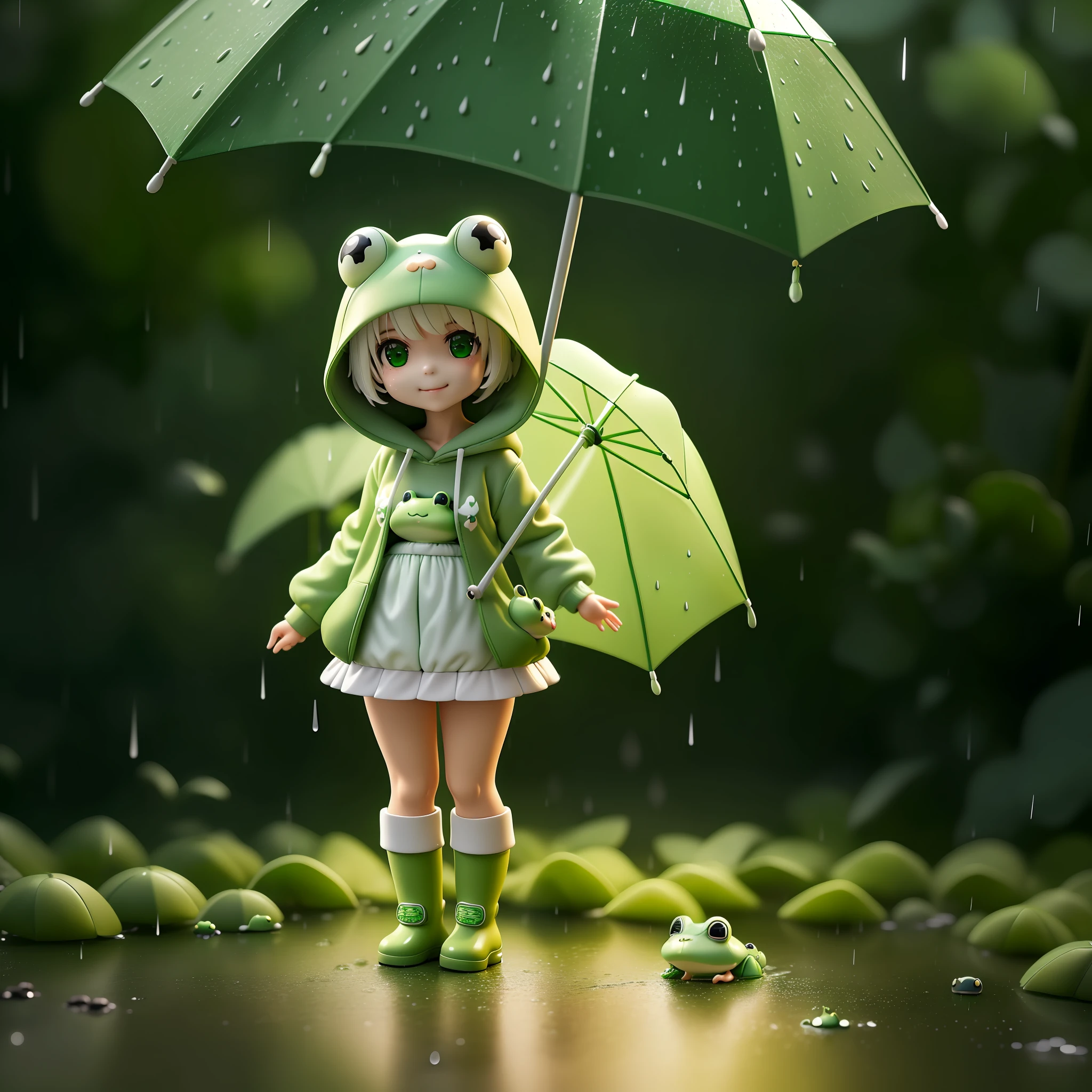 Chibi girl wearing green frog hoodie, holding umberella frog atyle, falling rain, white short hair, smille character, wearing green boots, HDR, Blindbox, 4D, 3D, hard shadow, hard light, cute and smol figure, rainy tokyo background it evening, more NPC