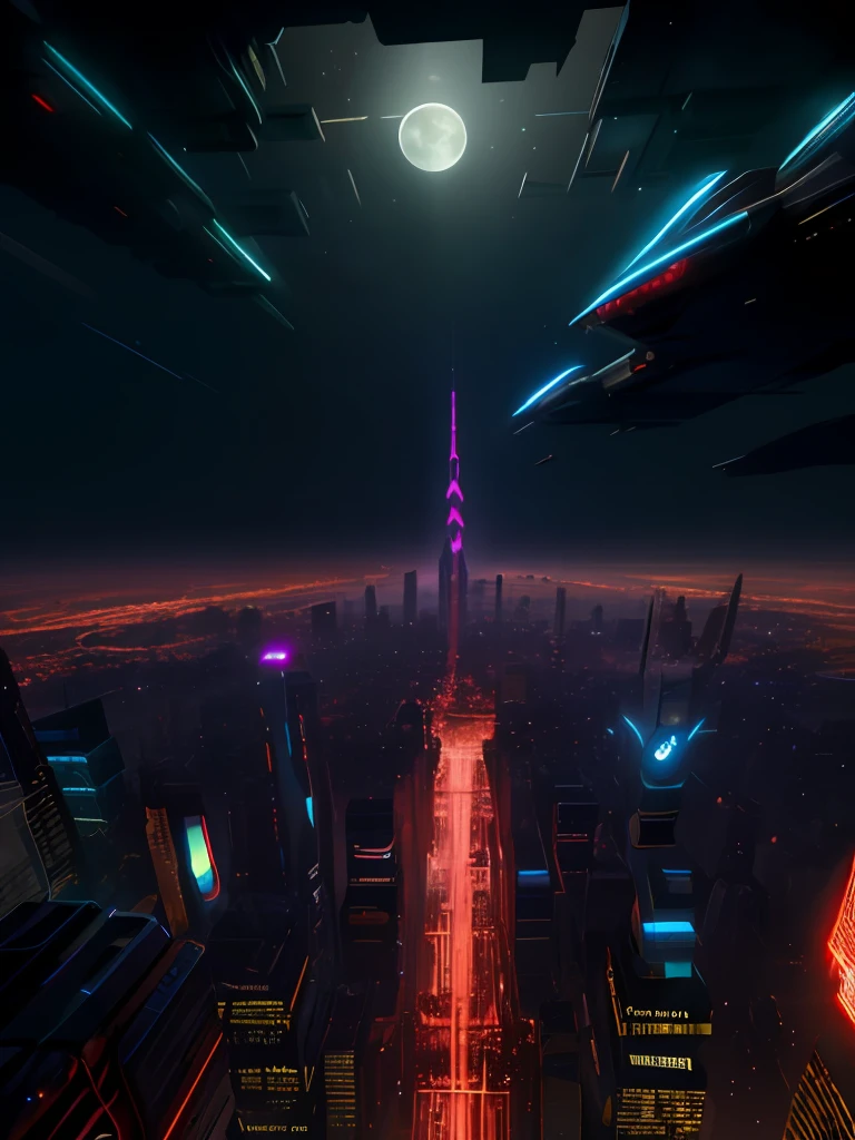 (highly detailed:1.2),(best quality:1.2),(8k:1.0),(emb-rrf-low:1.0),sharp focus,(award-winning photograph:1.2), (subsurface scattering:1.1), Futuristic cityscape with towering skyscrapers, neon-lit streets, flying cars, holographic billboards, and a full moon backdrop, by Robert Broomfield, 3D art, photorealistic, hyper-detailed, dystopian, trending on ArtStation, cinematic lighting, sci-fi, and fantasy.
