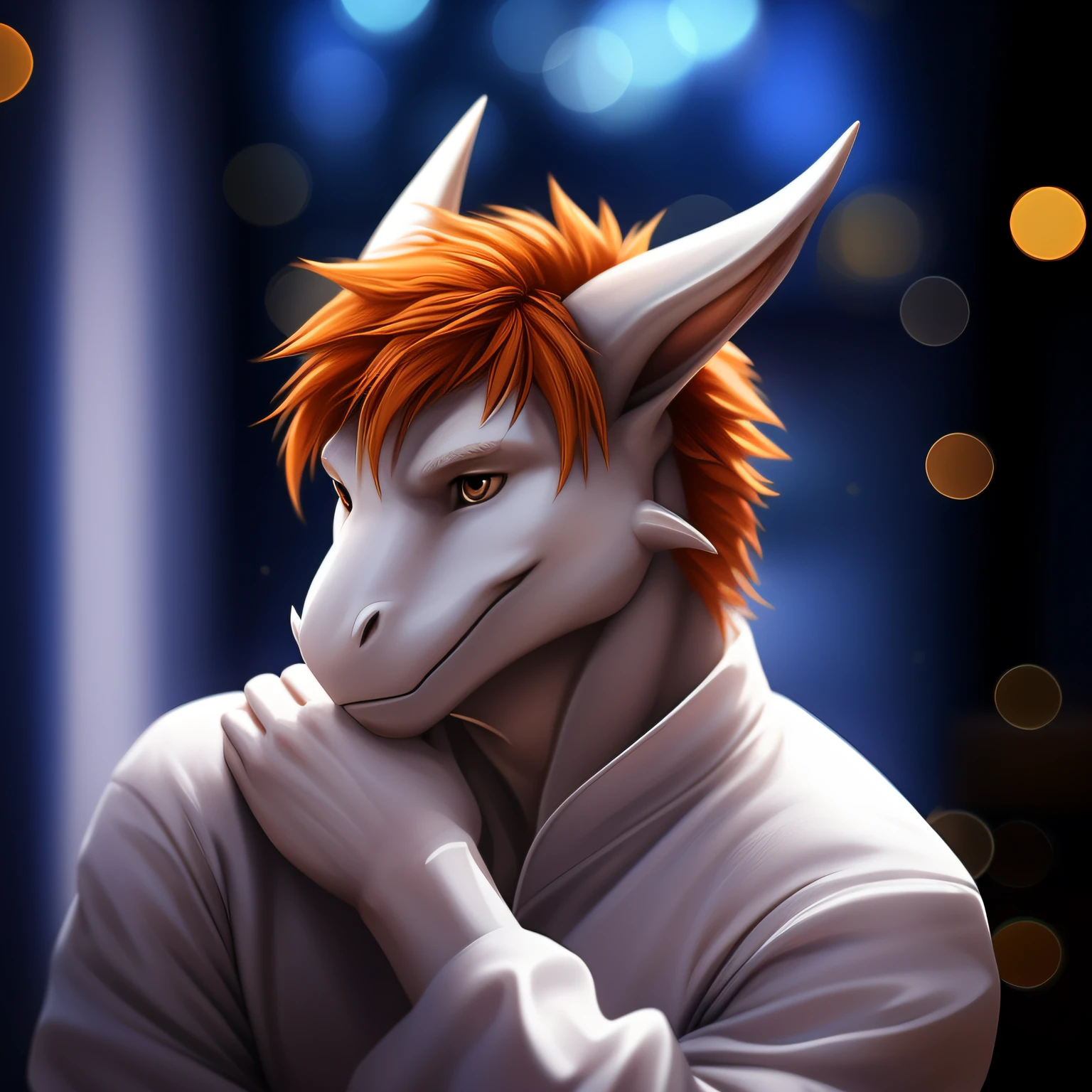 (Masterpiece, best quality, realistic:1), furry, male, standing - style sexy, hands on leg, posing, bedroom, midnight, expressive, male, (bokeh:1.3), depth of field,(Dragon:1), nice hands, perfect hands, smile, (white body skin), white head, only orange hair, (white coat), face profile, pov face
