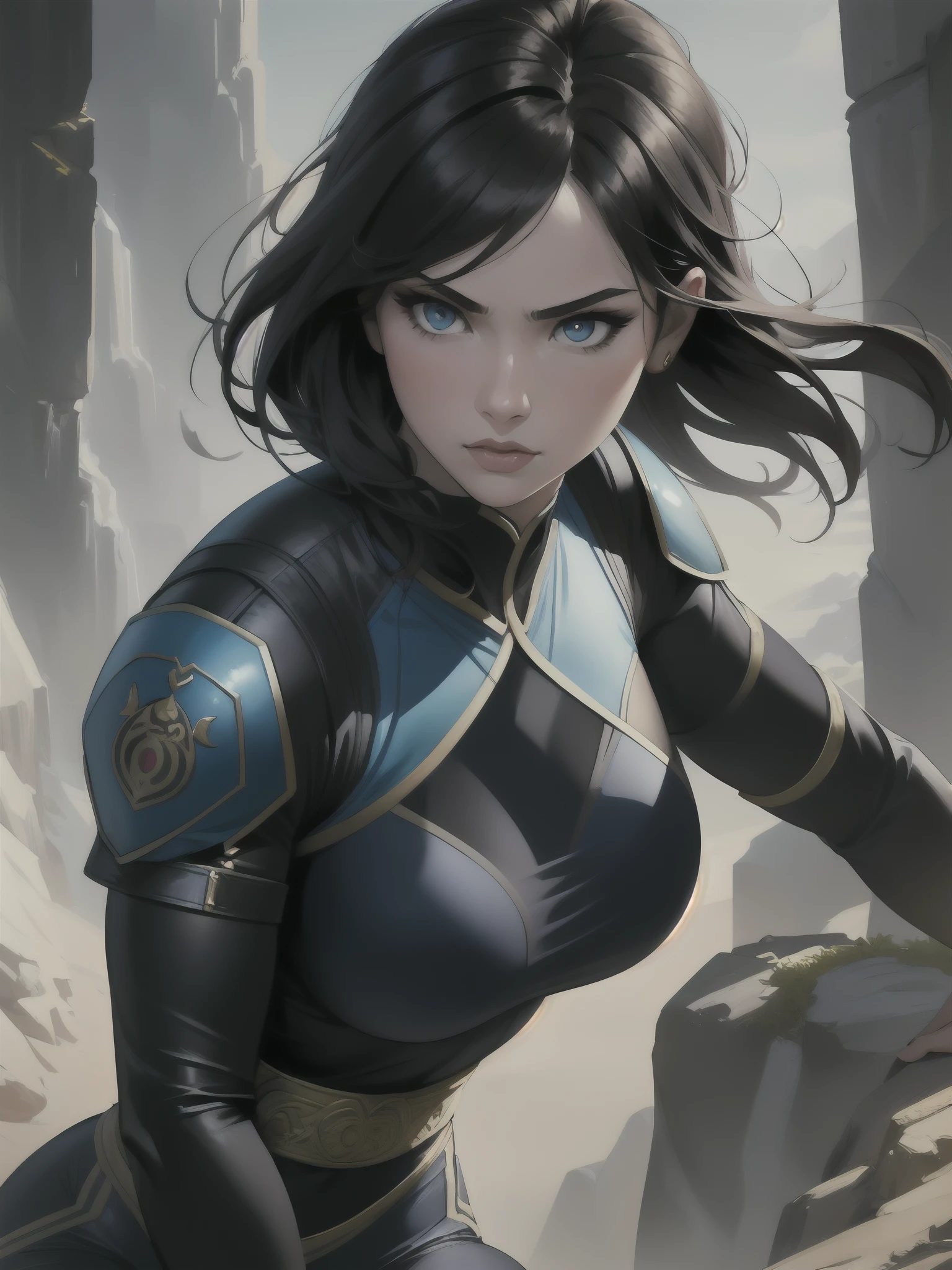 Portrait, Masterpiece, Excellent, 1girl, solo, complex details, color diffusion, close-up, pale female, Asian female, female giant, athletic female, strong thighs, black hair, dark hair, blue eyes, combat attire, alluring attire, epic, martial artist, Sci-Fi, Fantasy