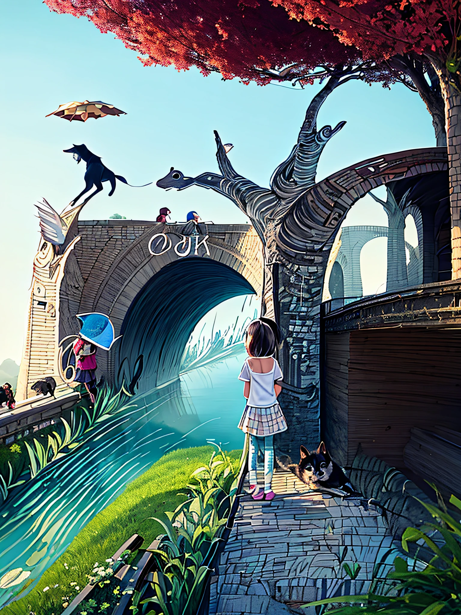 There was a girl standing on a bridge looking at a dog, children's book illustrations, children's book illustrations, Children's book illustration, children's book illustrations, children's book illustrations, children's book illustrations, cover illustration, storybook illustrations, Children's illustration, children illustration, detailed book illustration, Storybook illustration, vignette illustration, book illustrations, storybook illustrations