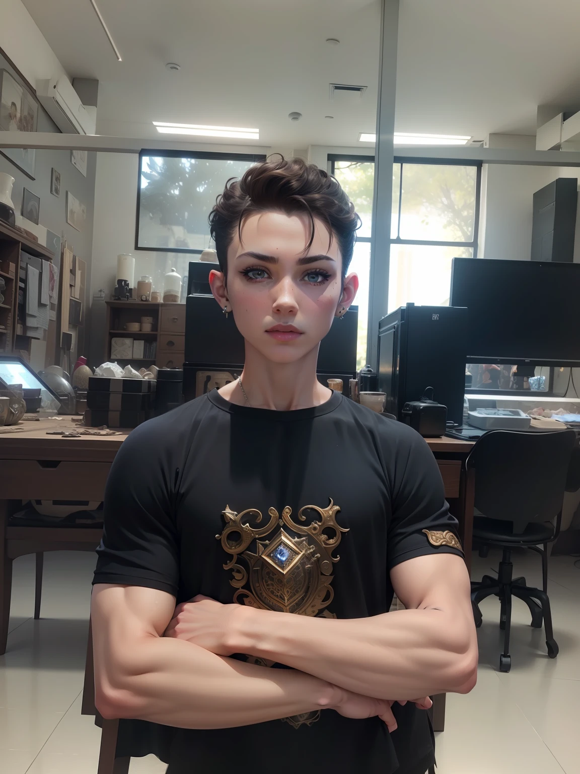 masterpiece, high quality, 3d, 8k cg, intricate details, detailed background, sacred. ornaments, byDylanKowalski,
upper body, muscular, skindentation, looking to the side, short hair, prosthesis, mechanical arms, synthetic skin,
porcelain, pearl, holographic, titanium, diamond, ruby, sapphire, gemstones, clockwork, grunge, worn edges, armor,