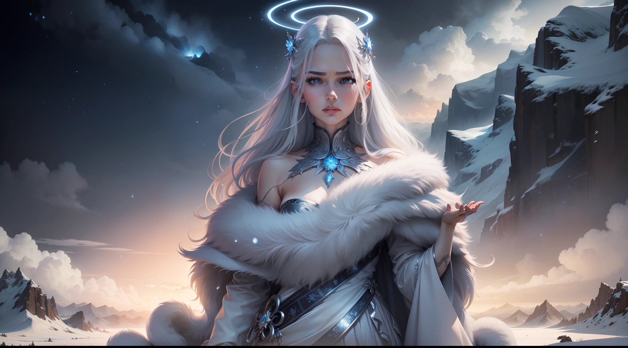 A peerless beauty, Stand on top of a snowy mountain, Gaze at the dazzling starry river, silver hair, halo, frown, Surrealism, panorama, Sony FE GM, UHD, masterpiece, anatomically correct, textured skin, high details, best quality, 16k