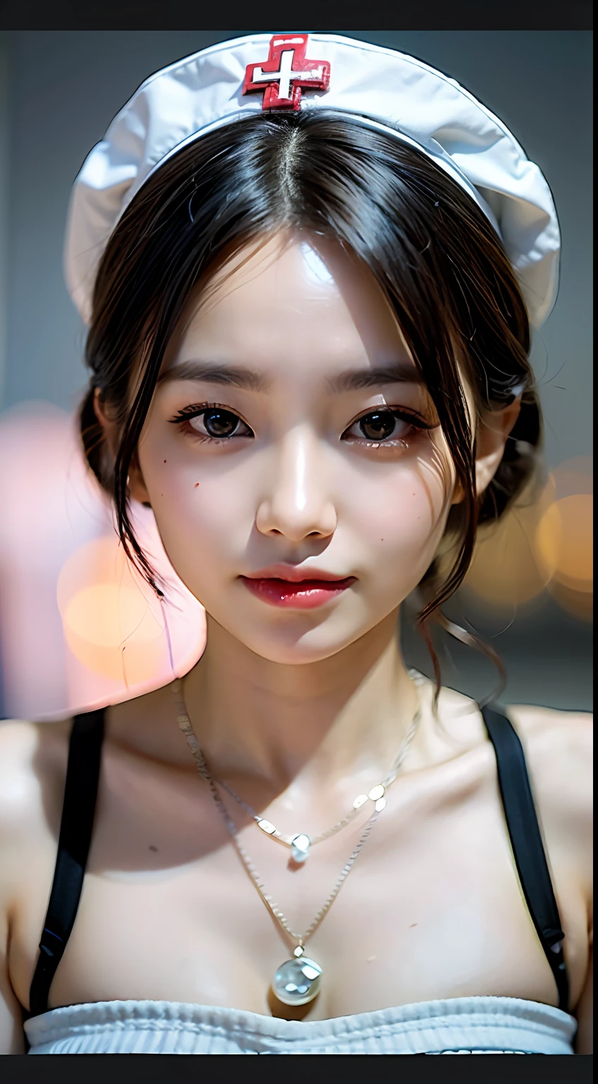(masterpiece, top-quality, a beauty girl, kawaii faces:1.5), Casual Hair, (The upper part of the body, bangss:1.2), Small waist, (Simple background:1.4), hospitals, (Horizon, beautiful ocean, Skysky, A clear day:1.2), shorth hair, Nurse,nurse's outfit,face lights, 8K, Official art, Raw foto, incredibly absurdness, depth of fields, Look at viewers, A hyper-realistic, hight resolution, a picture, film grains, chromatic abberation, foco nítido, Bokeh background、Dynamic lighting、highest details、ighly detailed、ultra-detailliert、detaile、extremely detailed eye and face,large full breasts