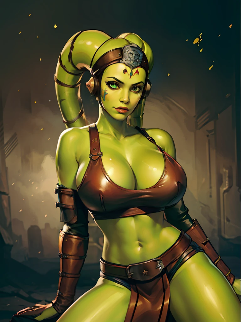 (best quality, masterpiece, highly detailed), 1girl, (green skin), sexy Twi'lek, large breasts, cleavage, Jedi, dark brown leather, pelvic curtain, loincloth, crop top, long sleeves, skirts, dark brown shorts, long boots, brown leather, buckles, straps, Star Wars, lekku markings