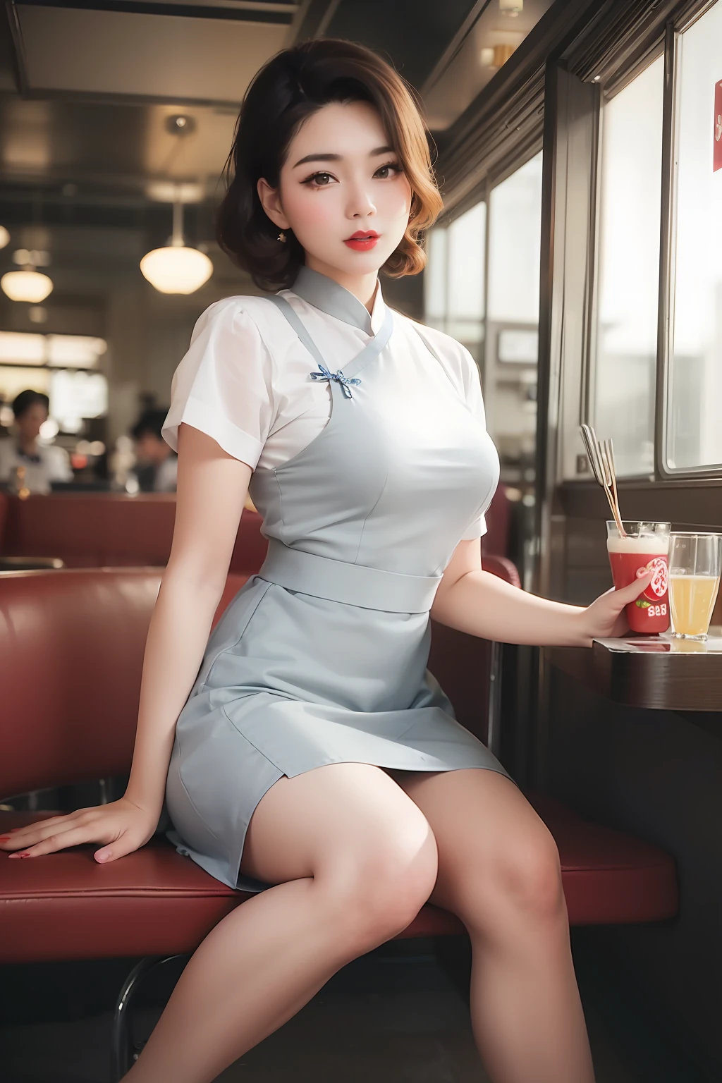 Araki woman sitting on a red bench in the dining room, wearing rr diner uniform, dressed like in the 1940s, retro pinup model, 1950s vibes, in classic diner, korean women's fashion model, pinup style, elegant japanese woman, 5 0 s style, 50s style, in a blue qipao